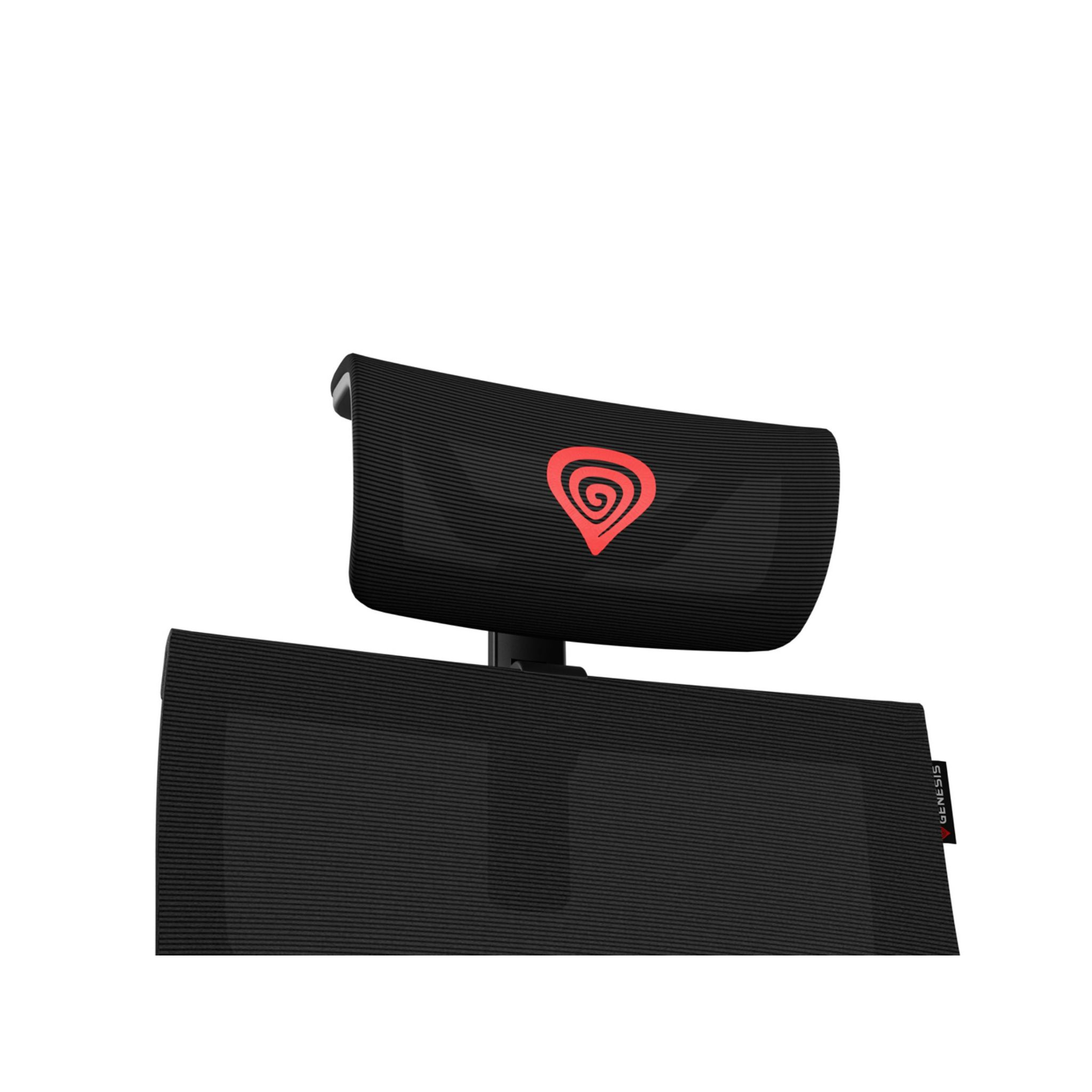 Reposacabezas de silla gaming negro y rojo. El logo rojo de Genesis es visible en el reposacabezas.
