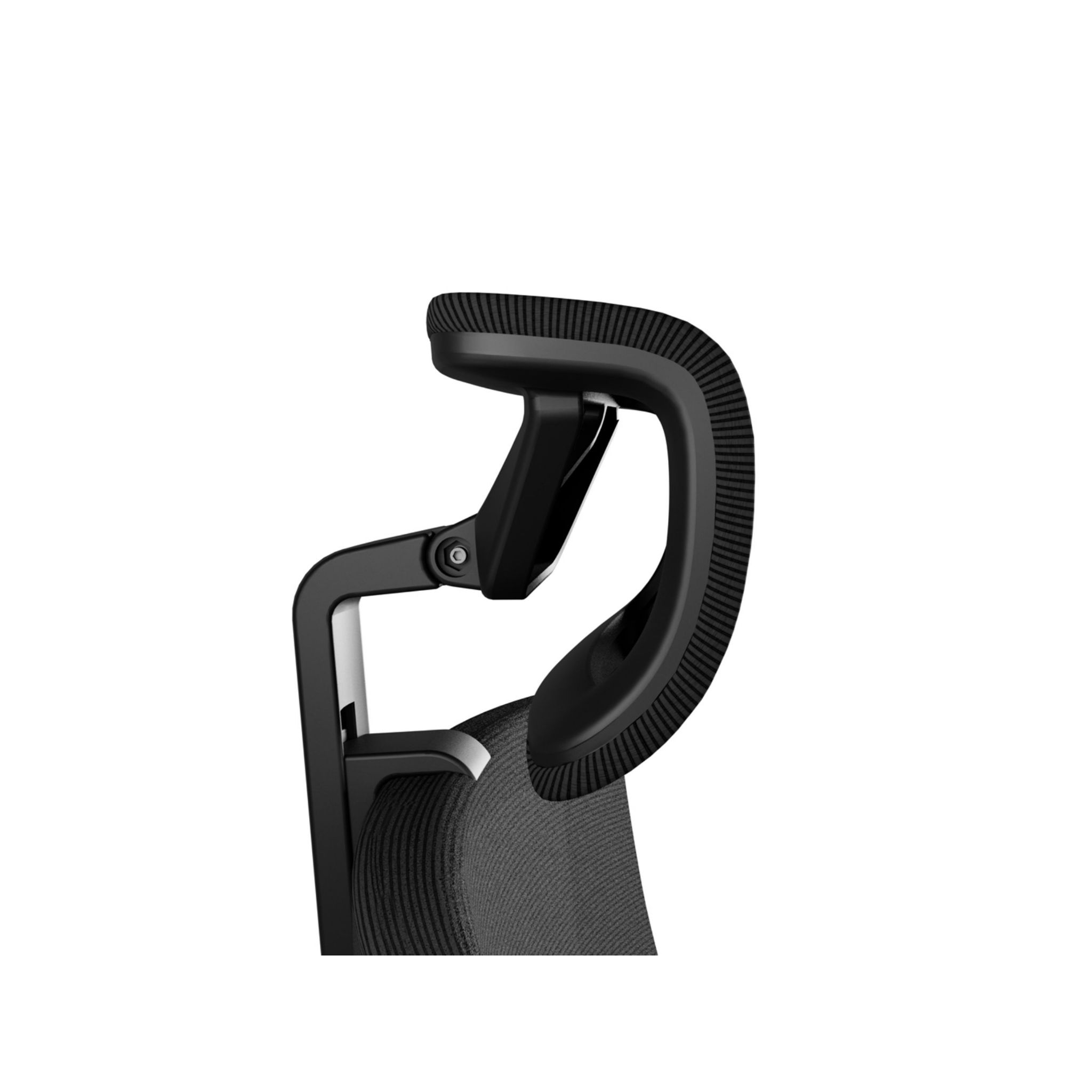 Reposacabezas negro de una silla. El reposacabezas es curvo. Fondo blanco.