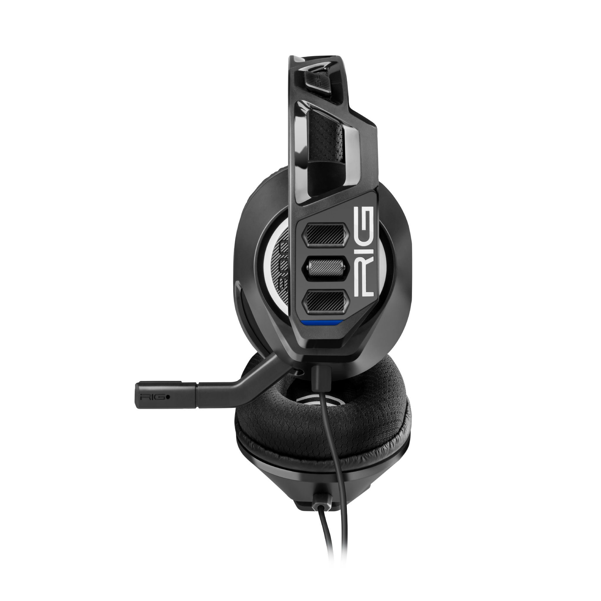 Casque de jeu noir. Le casque possède un microphone et le mot 'RIG'.