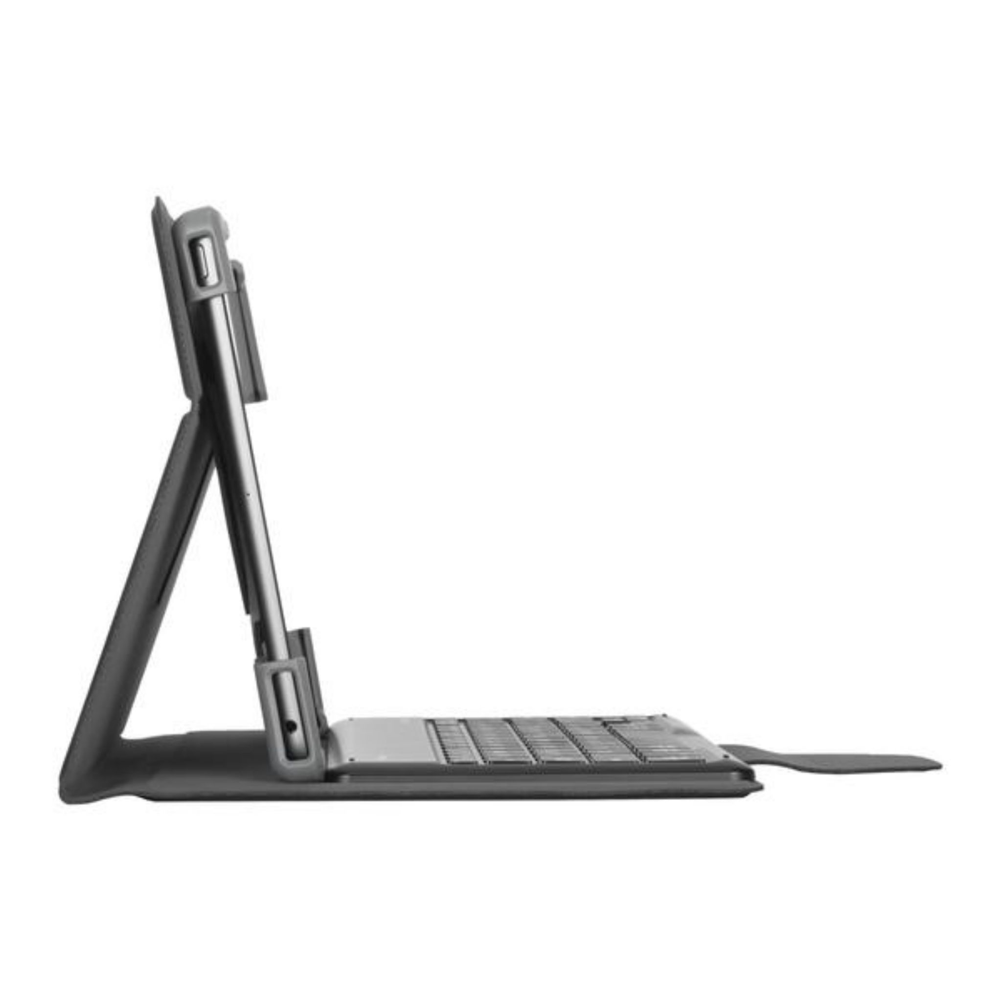 Tableta con funda teclado. Color gris, vista lateral.