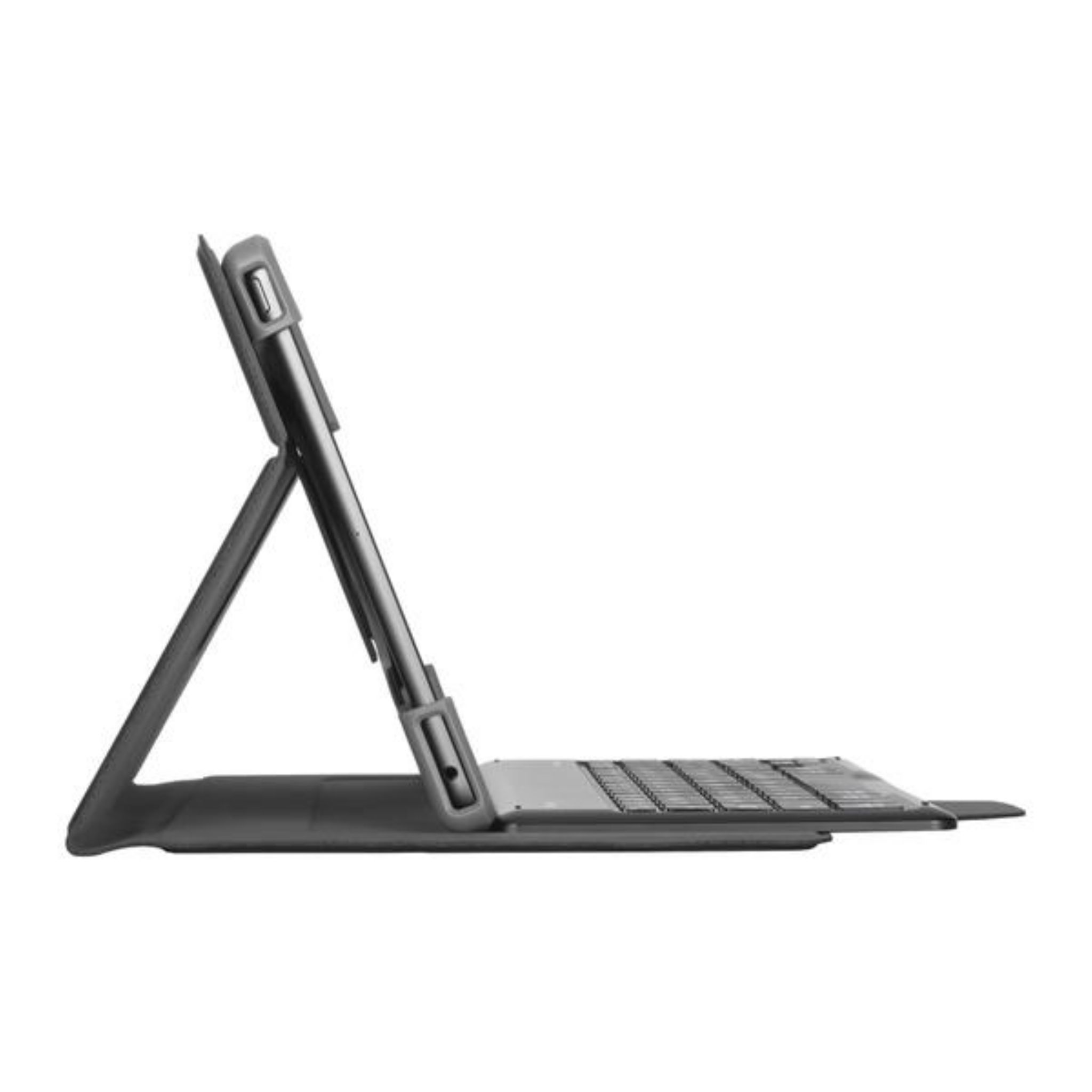 Tableta con funda con teclado. Tableta apoyada, teclado adjunto, color gris.