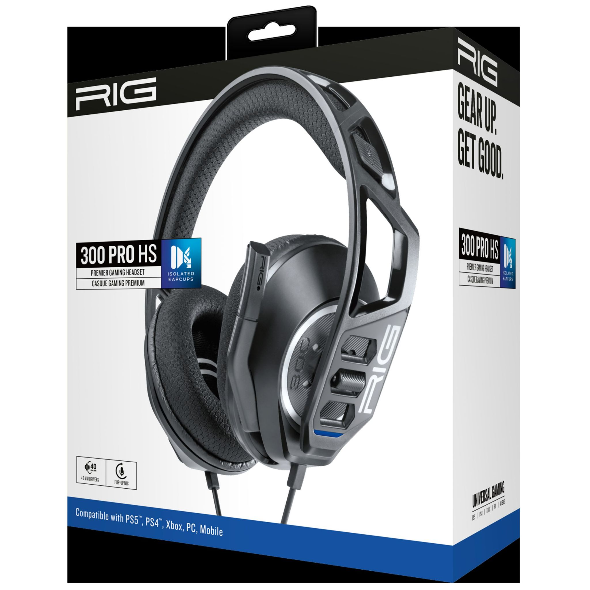 Casque gaming dans une boîte. Casque noir et bleu avec la marque 'RIG' sur la boîte.