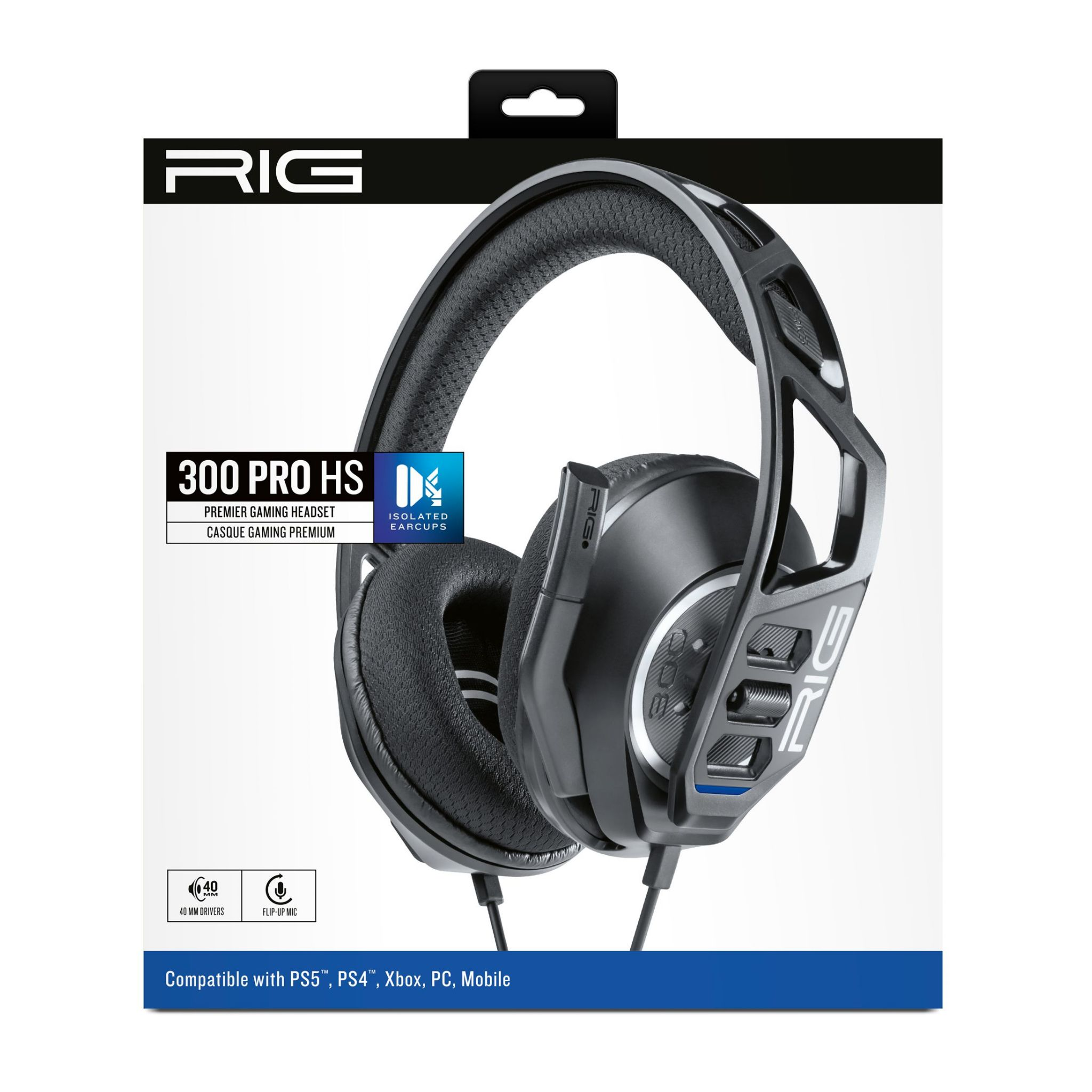 Casque de jeu dans une boîte. Il est noir avec du texte blanc et un fond sombre.