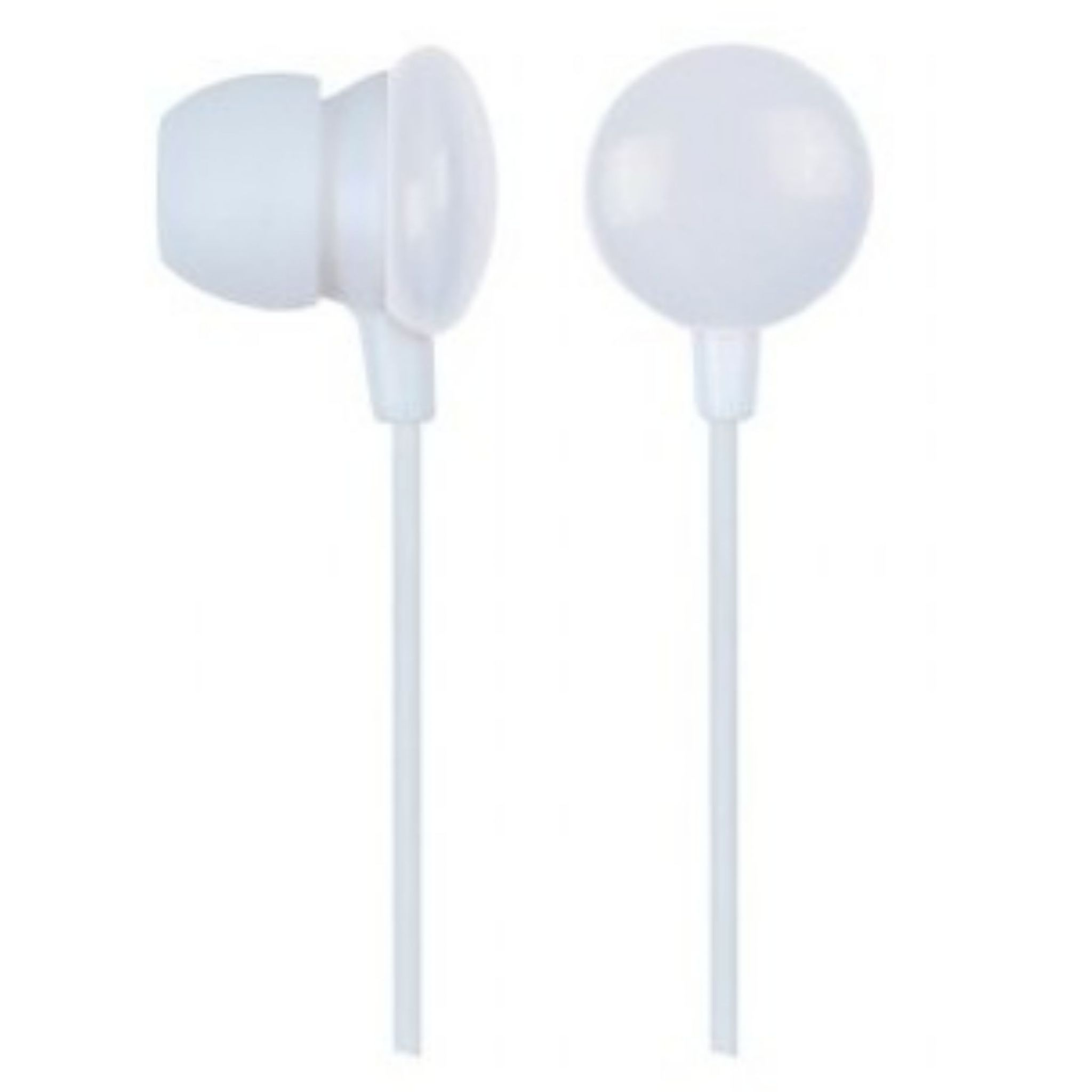 Auriculares internos blancos, toma de cerca. Cuenta con dos auriculares y un cable de conexión.
