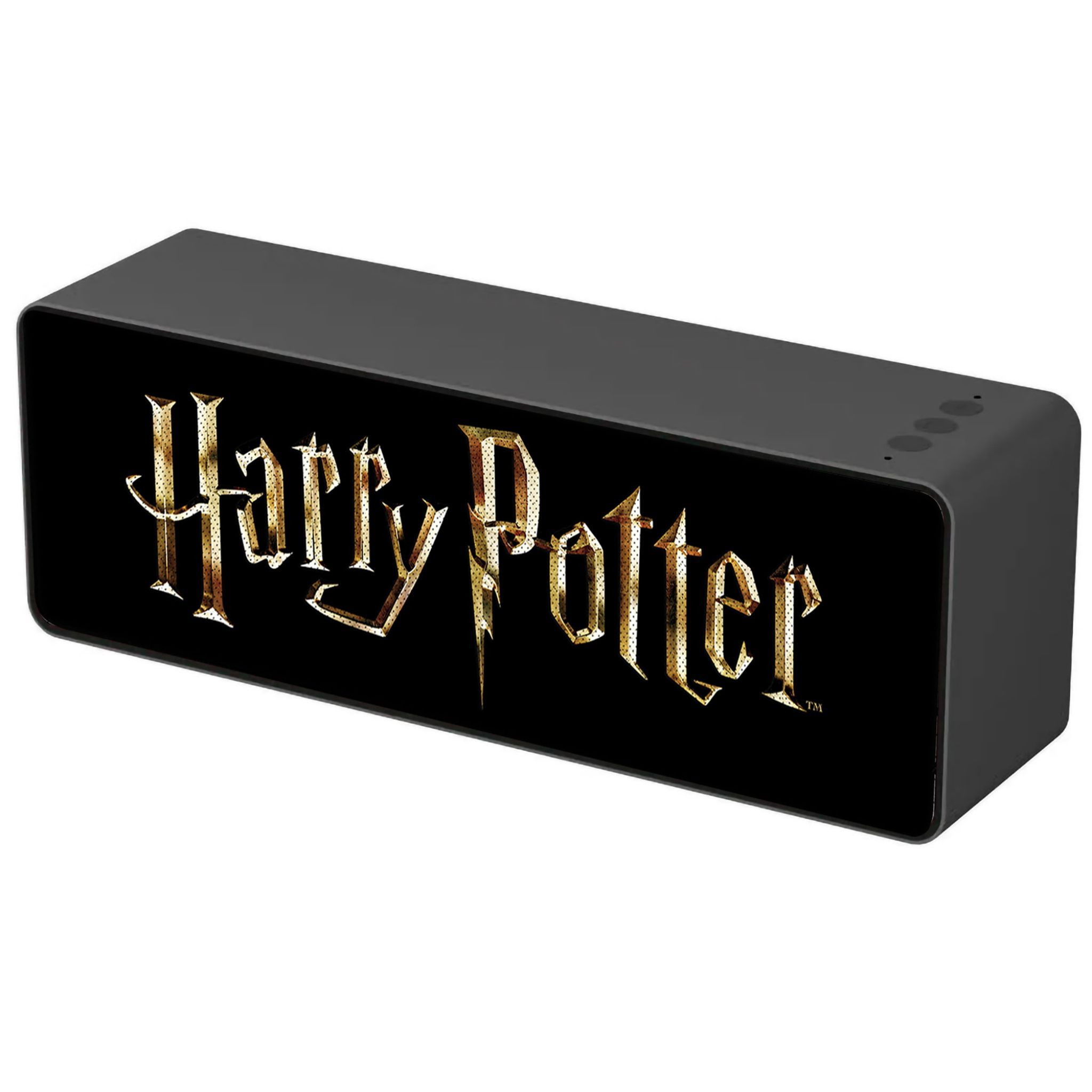 Un orologio rettangolare nero di Harry Potter con testo dorato.