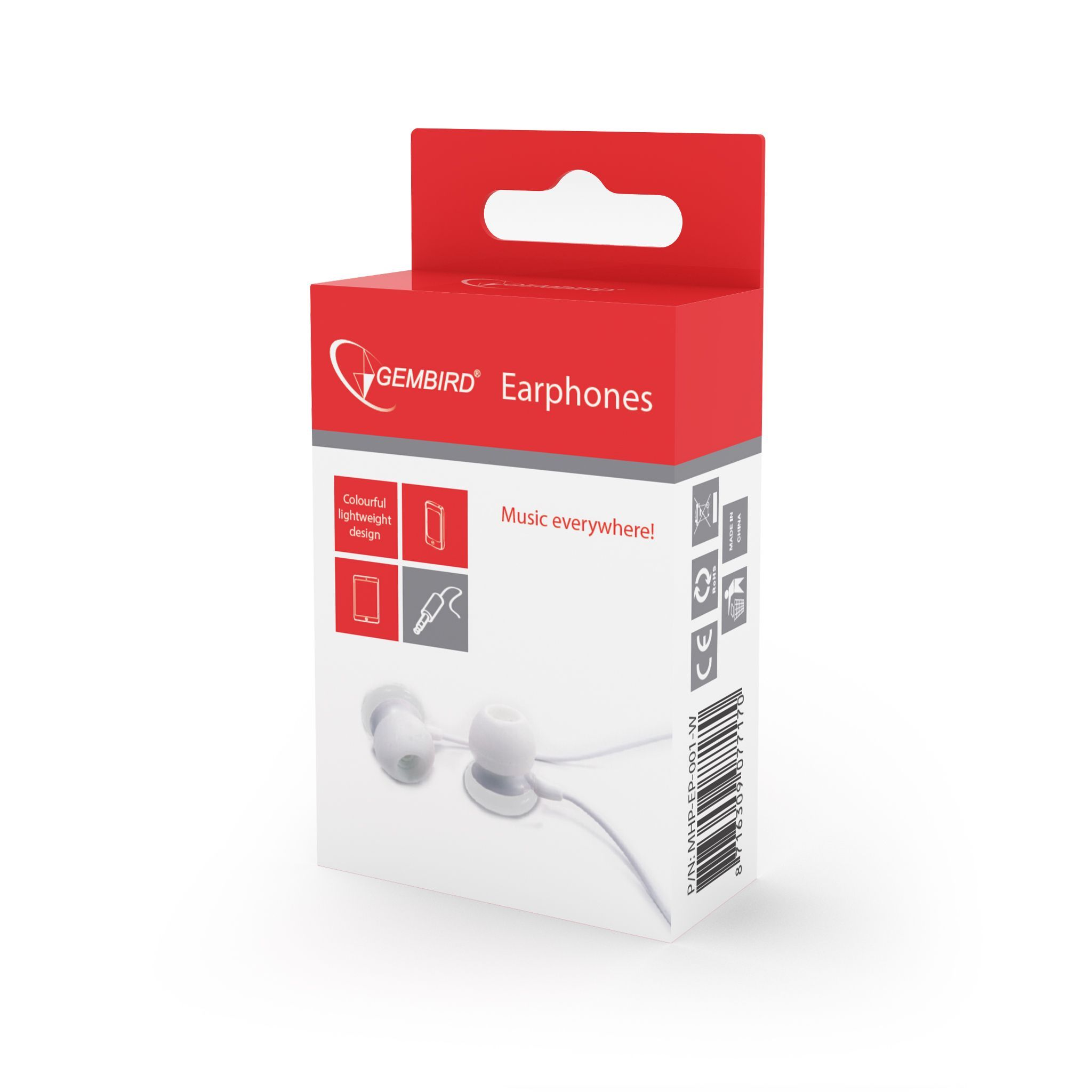 Caja de auriculares: roja con auriculares blancos. Texto e imágenes, fondo blanco.
