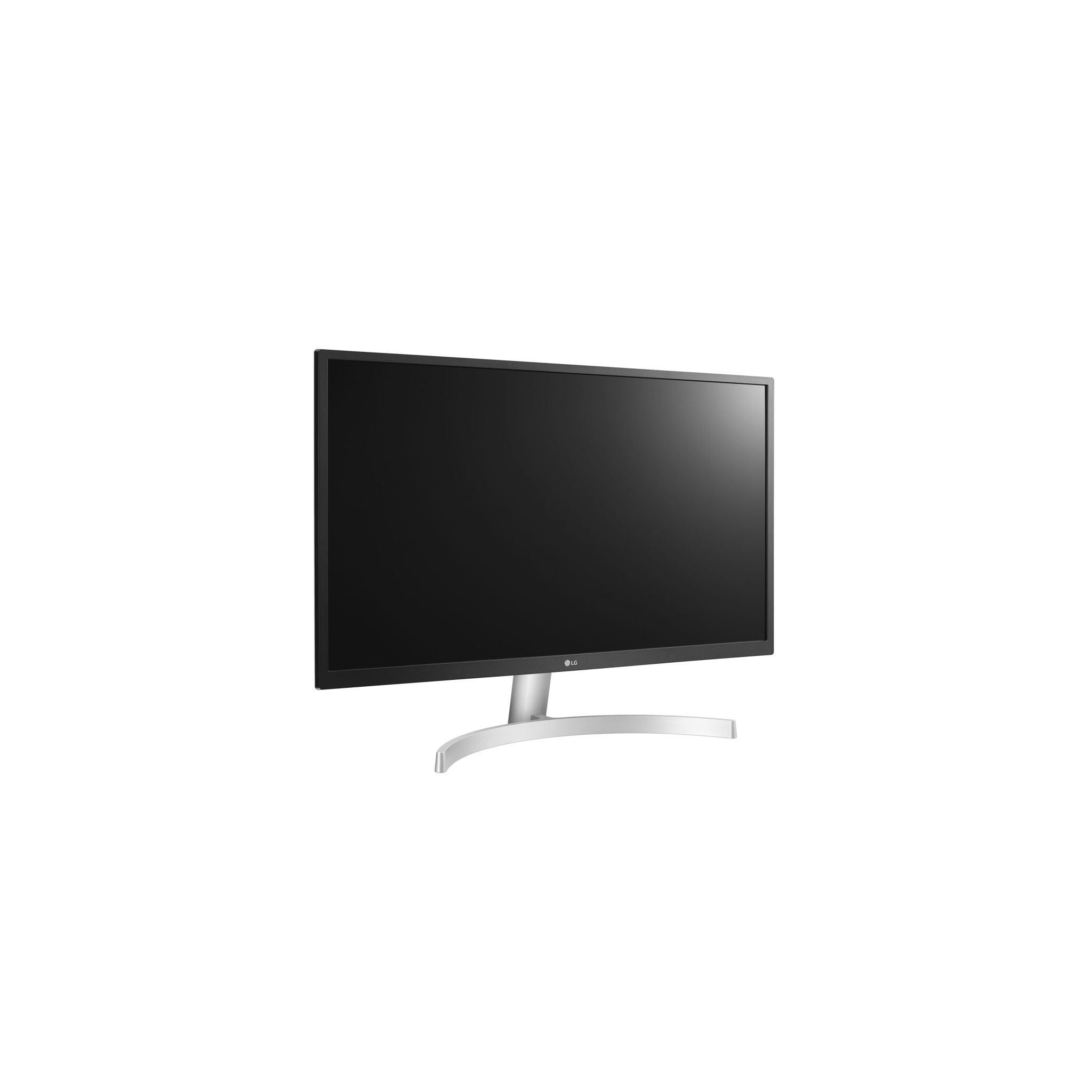 Monitor LG con pantalla negra, soporte plateado y fondo blanco.