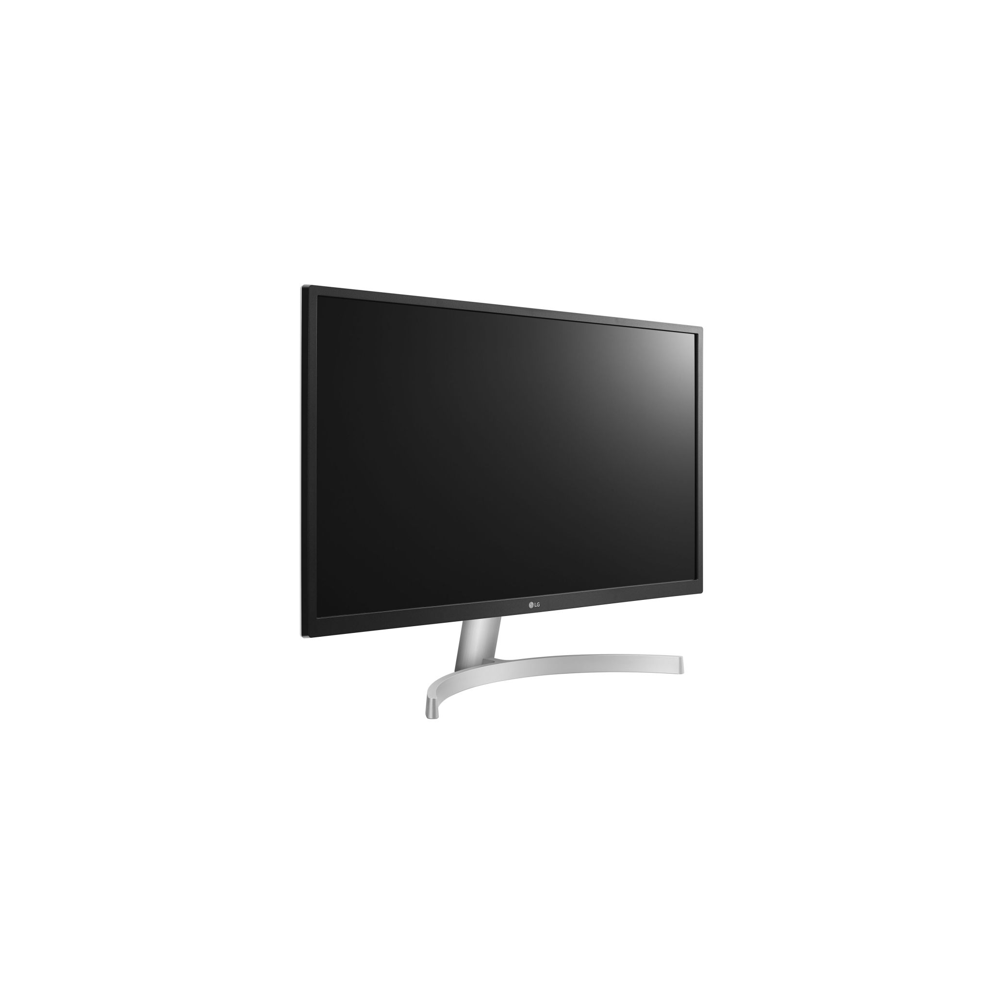 Monitor LG con pantalla negra y soporte plateado, sobre fondo blanco.