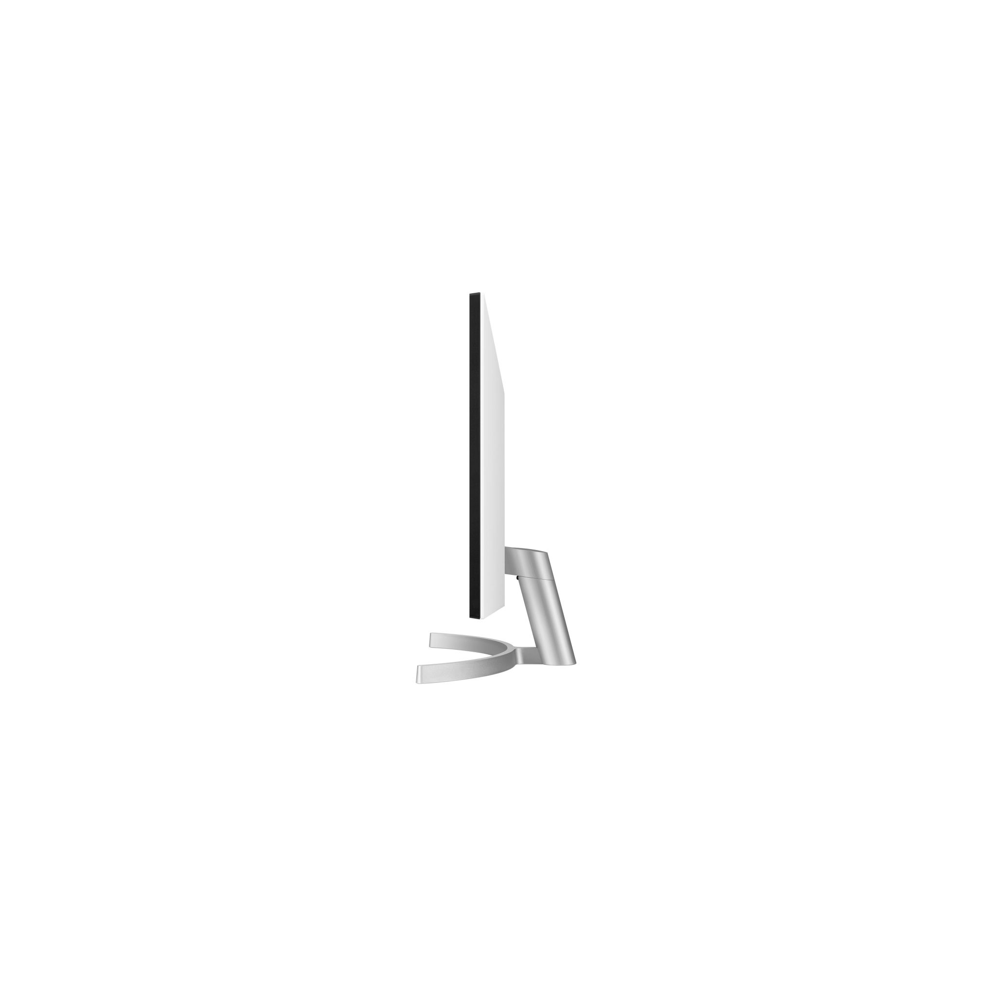Perfil lateral de un monitor LG con soporte plateado y un fino borde negro.