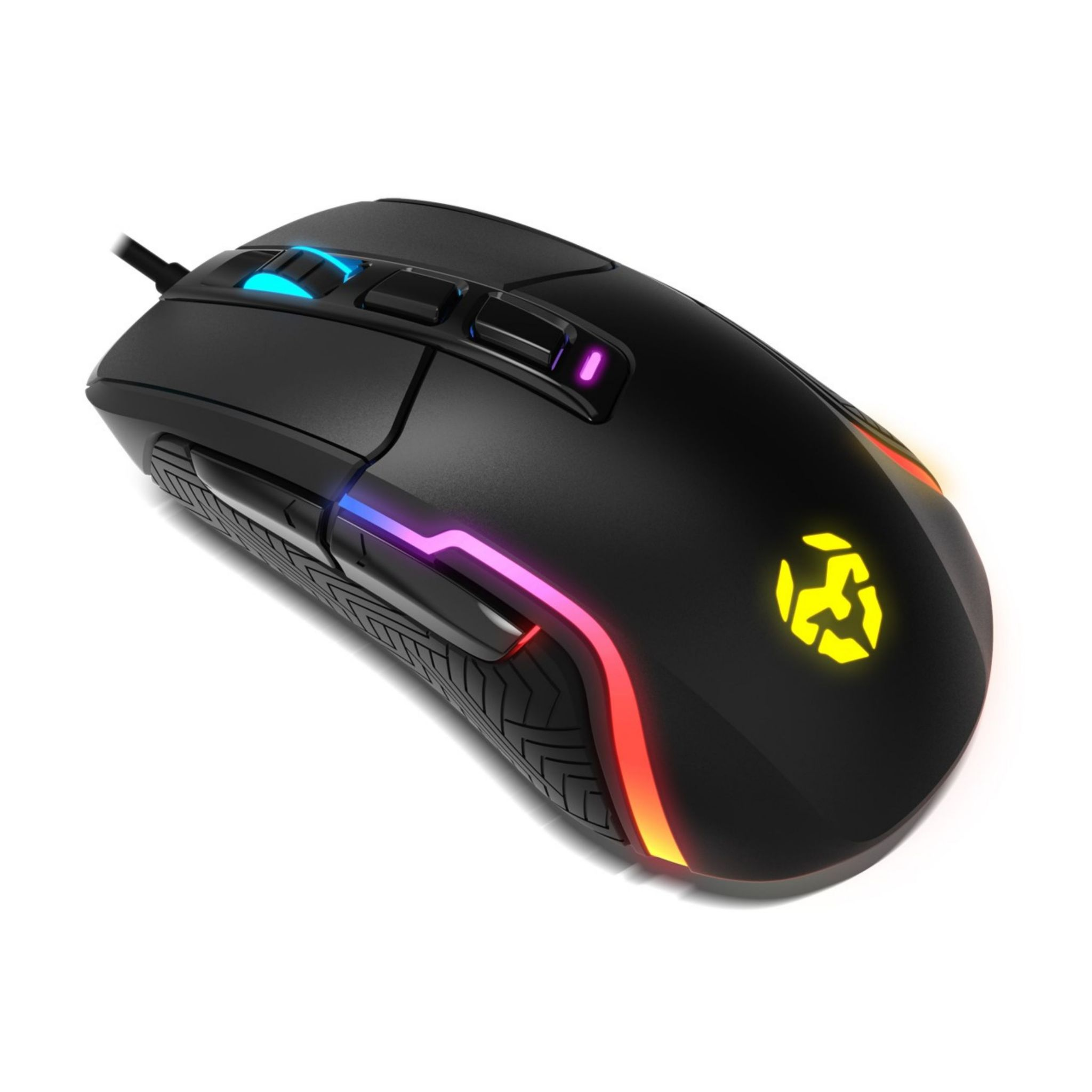 Zwarte gamingmuis met RGB-verlichting. Het heeft meerdere knoppen en een kabel.