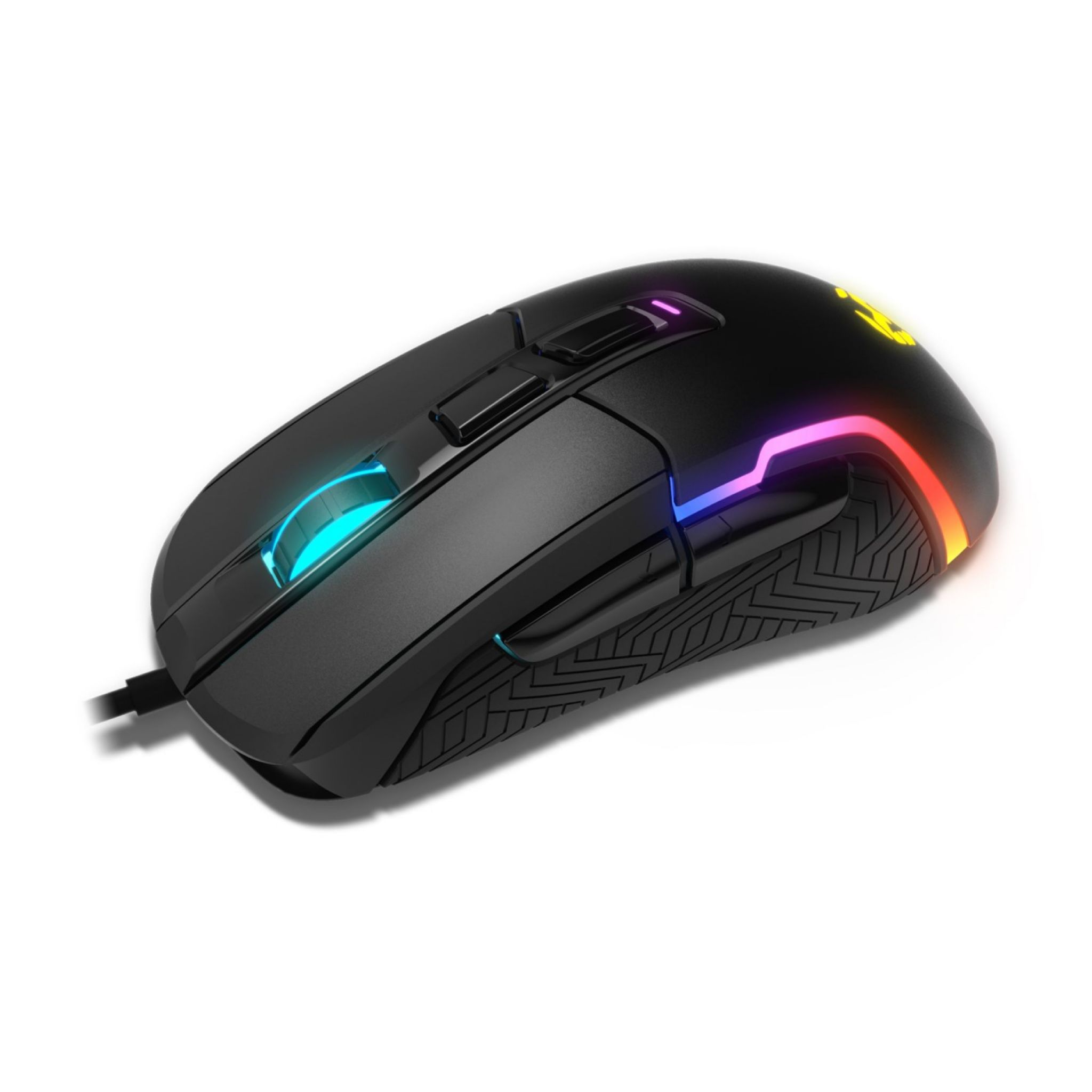 Zwarte gaming muis met verlichte RGB-verlichting. Voorzien van een scrollwiel en knoppen.
