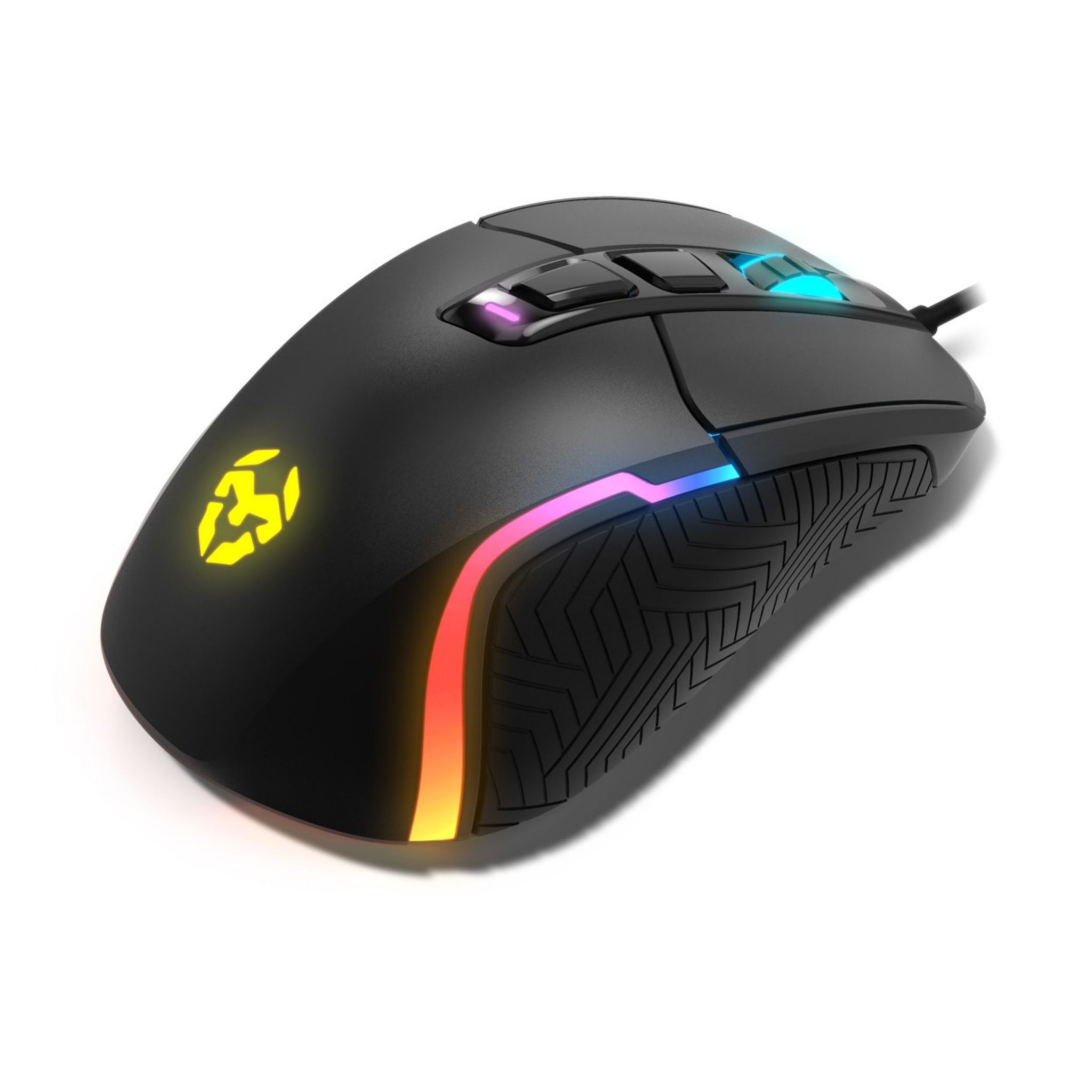 Zwarte gamingmuis met LED-verlichting en meerdere knoppen, op een witte ondergrond.