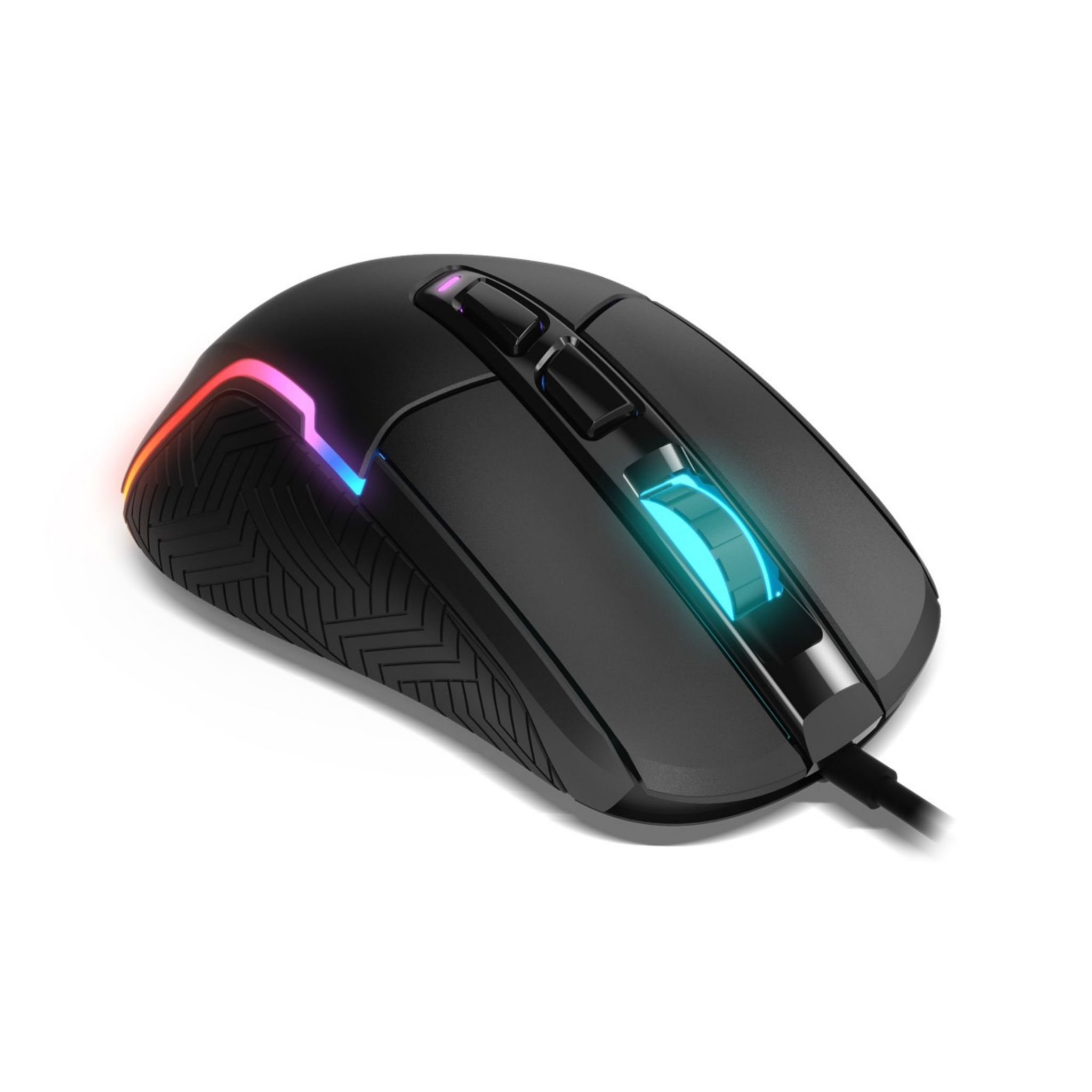 Zwarte gamingmuis met kleurrijke lichtaccenten. Witte achtergrond.