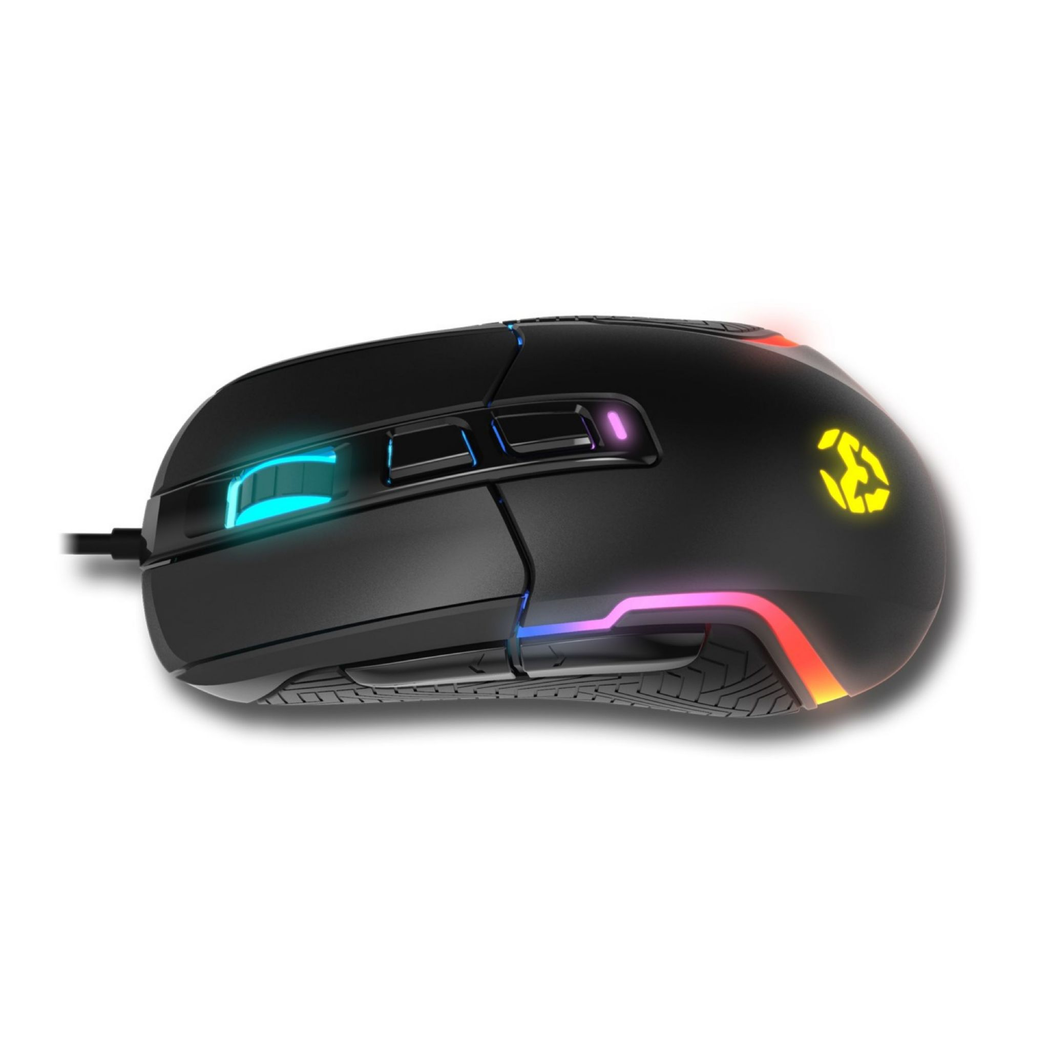 Zwarte gamingmuis met RGB-verlichting en zijknoppen. Witte achtergrond.