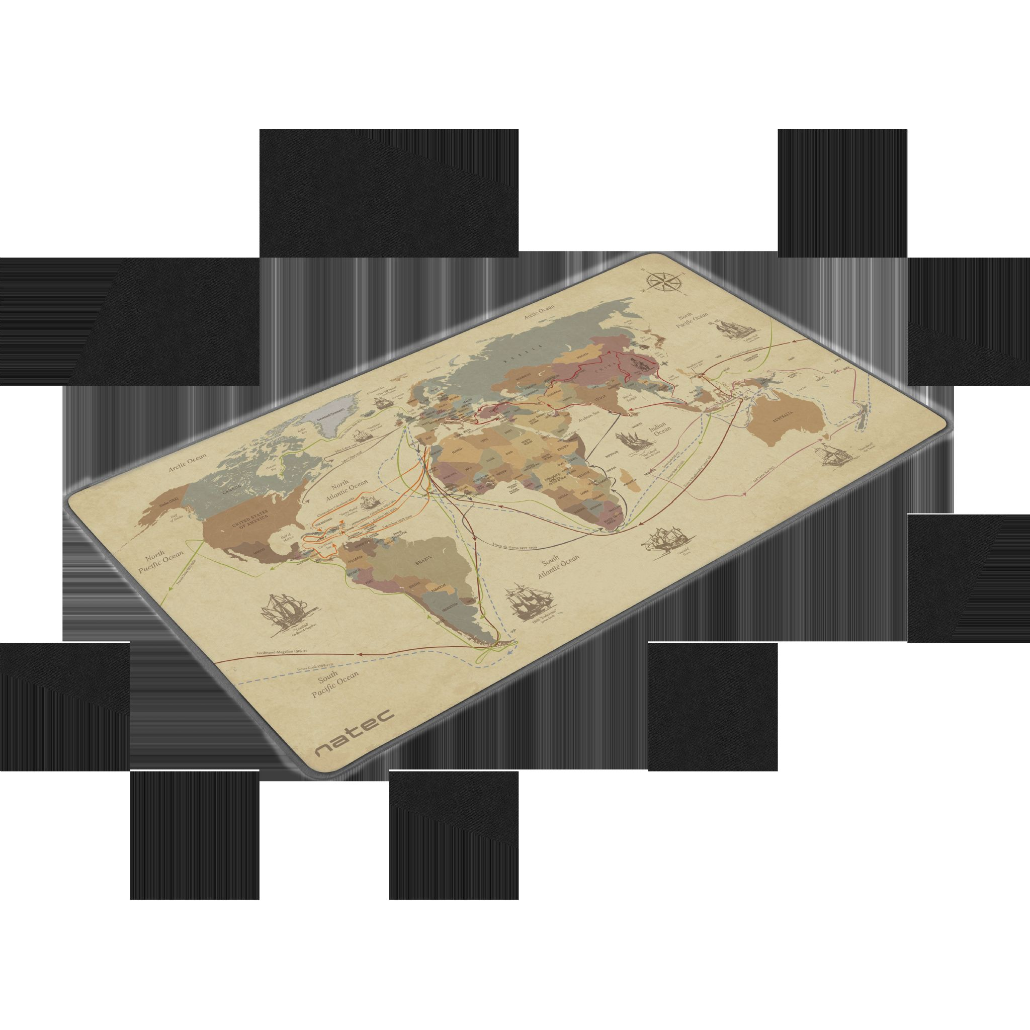 Una alfombrilla de ratón con un diseño de mapa del mundo. Tiene rutas y barcos marcados. Los bordes son negros.