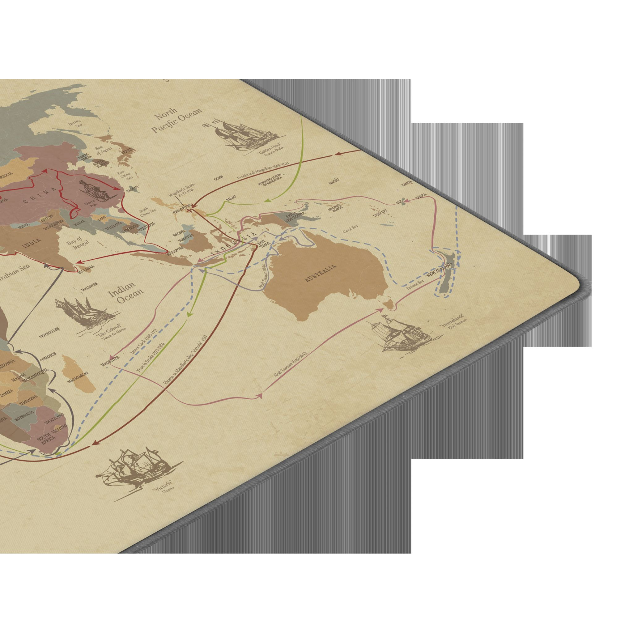 Mapa mundial con rutas de navegación, mostrando océanos y continentes. Borde gris.