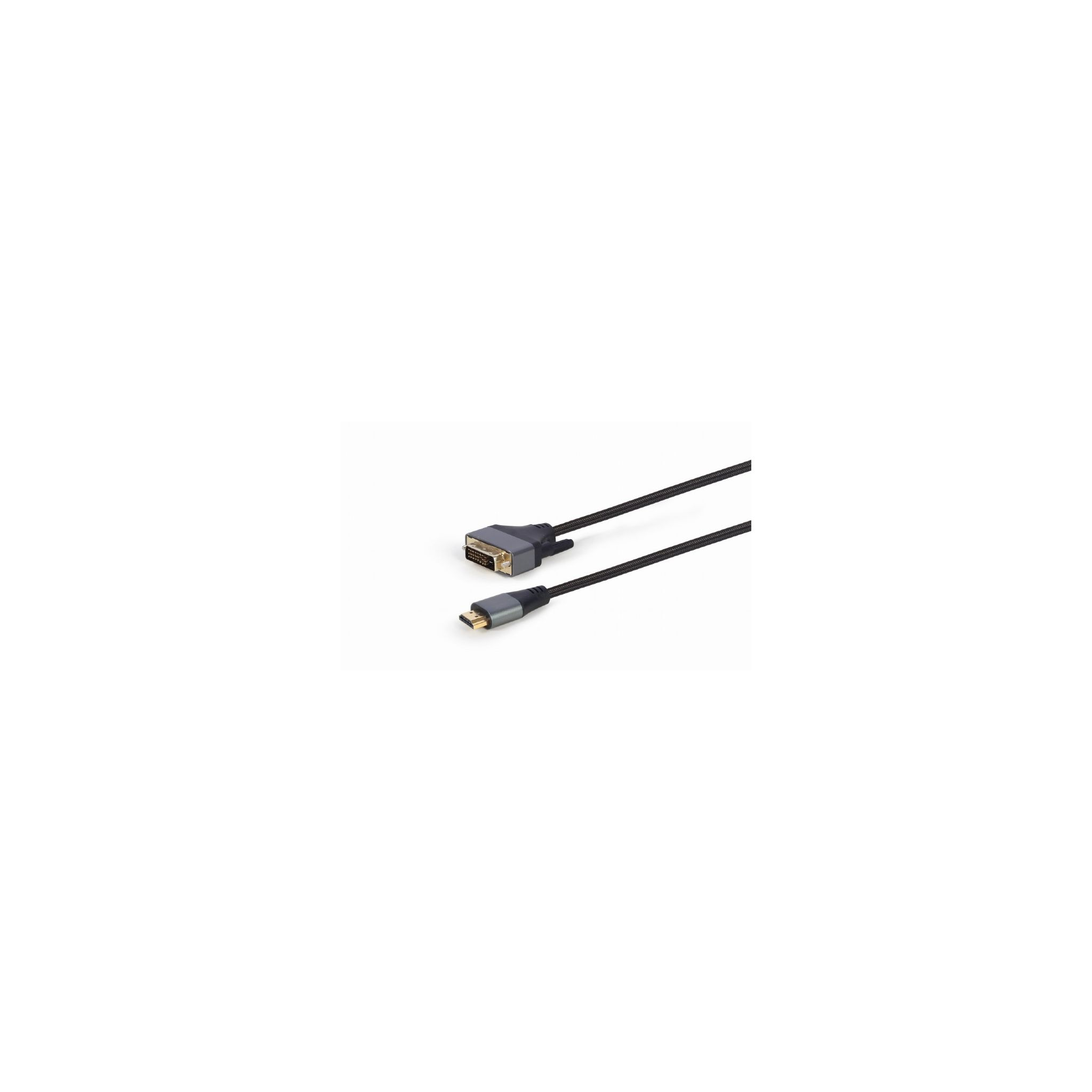 Cable DVI a Micro USB negro. Conectores en ambos extremos. Fondo blanco.