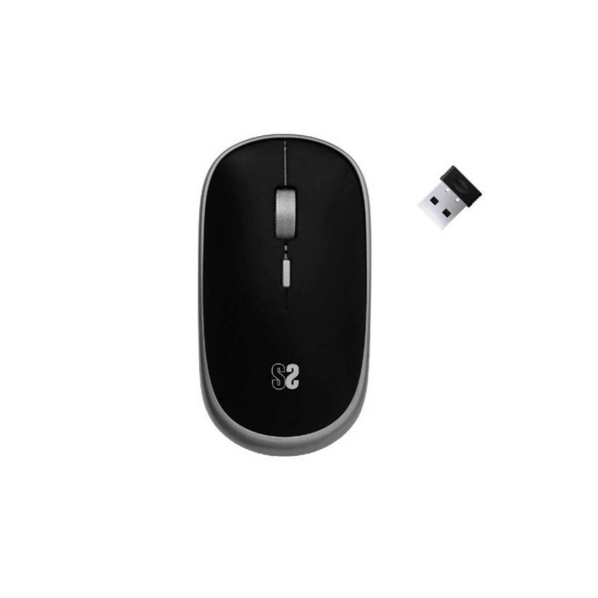 Ratón inalámbrico negro con un receptor USB al lado. El ratón es gris en los lados.