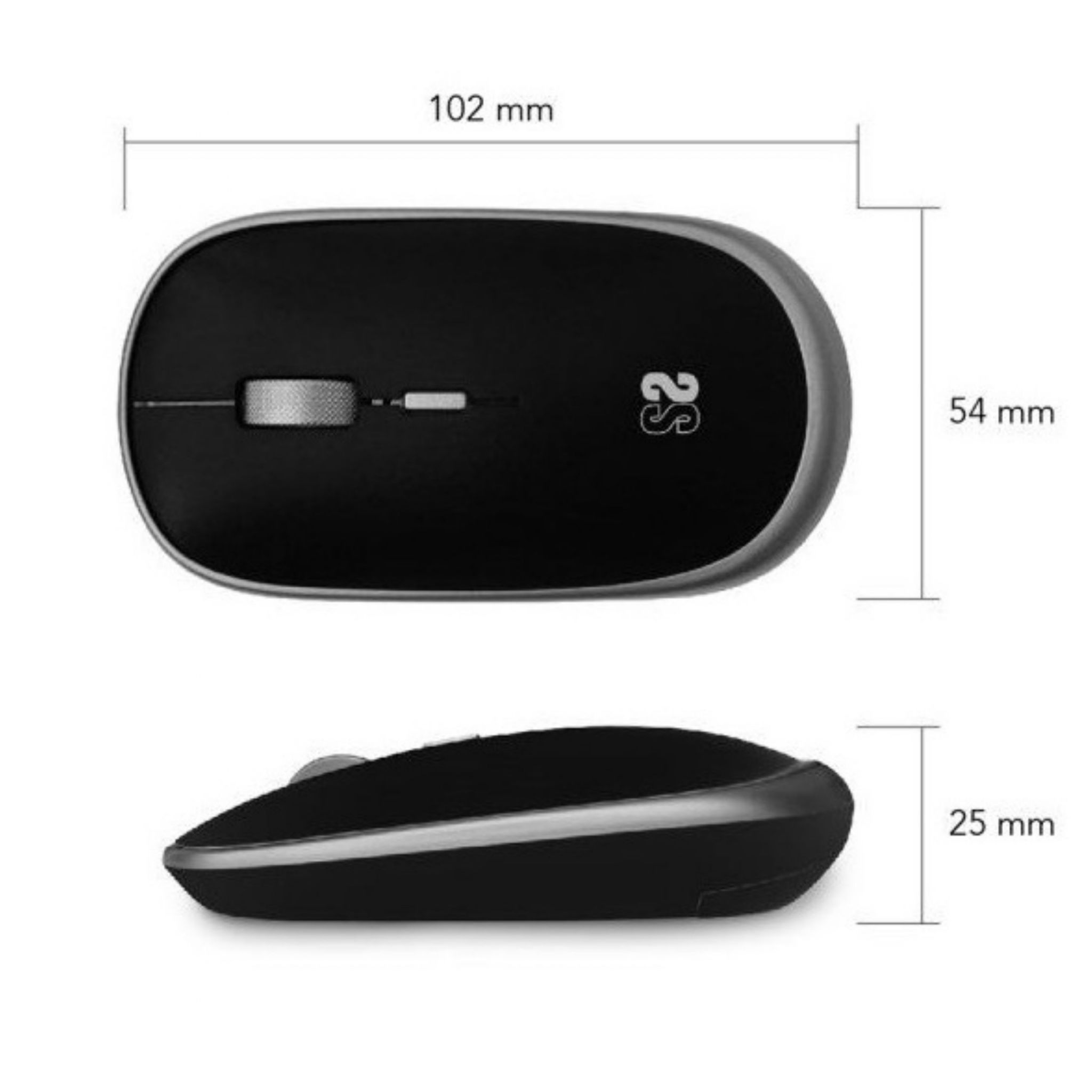 Ratón de ordenador negro con dimensiones: 102mm x 54mm x 25mm.