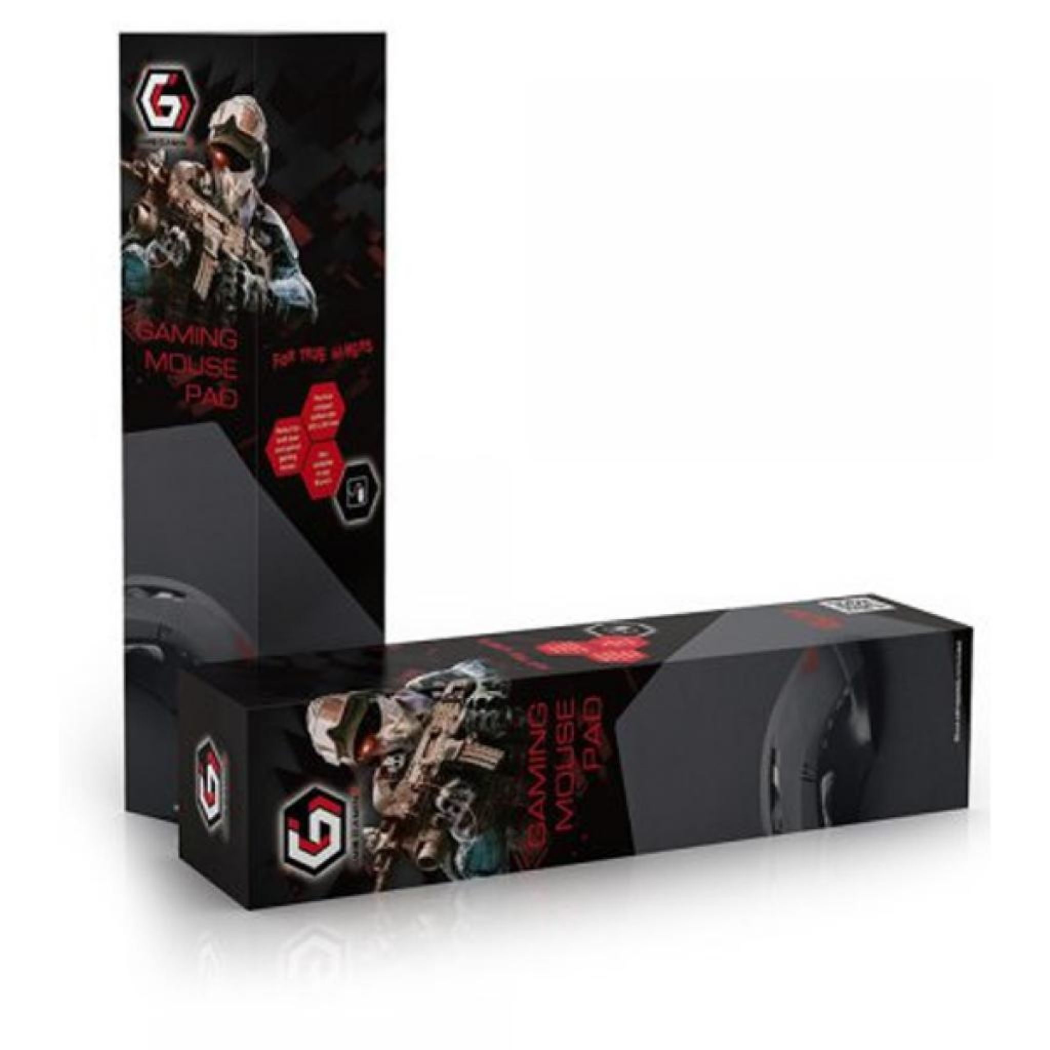 Opakowanie podkładki pod mysz gamingową. Ma czarne tło i gracza z bronią. Białe tło.