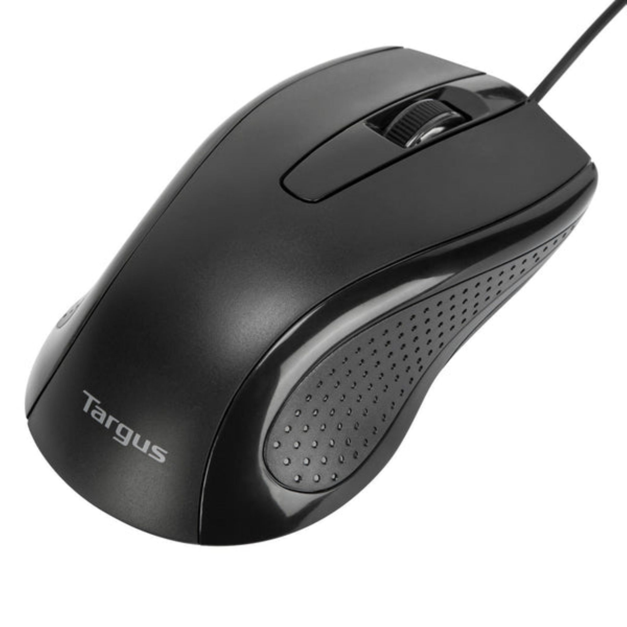 Black mouse with a scroll wheel and a Targus logo on a white surface.