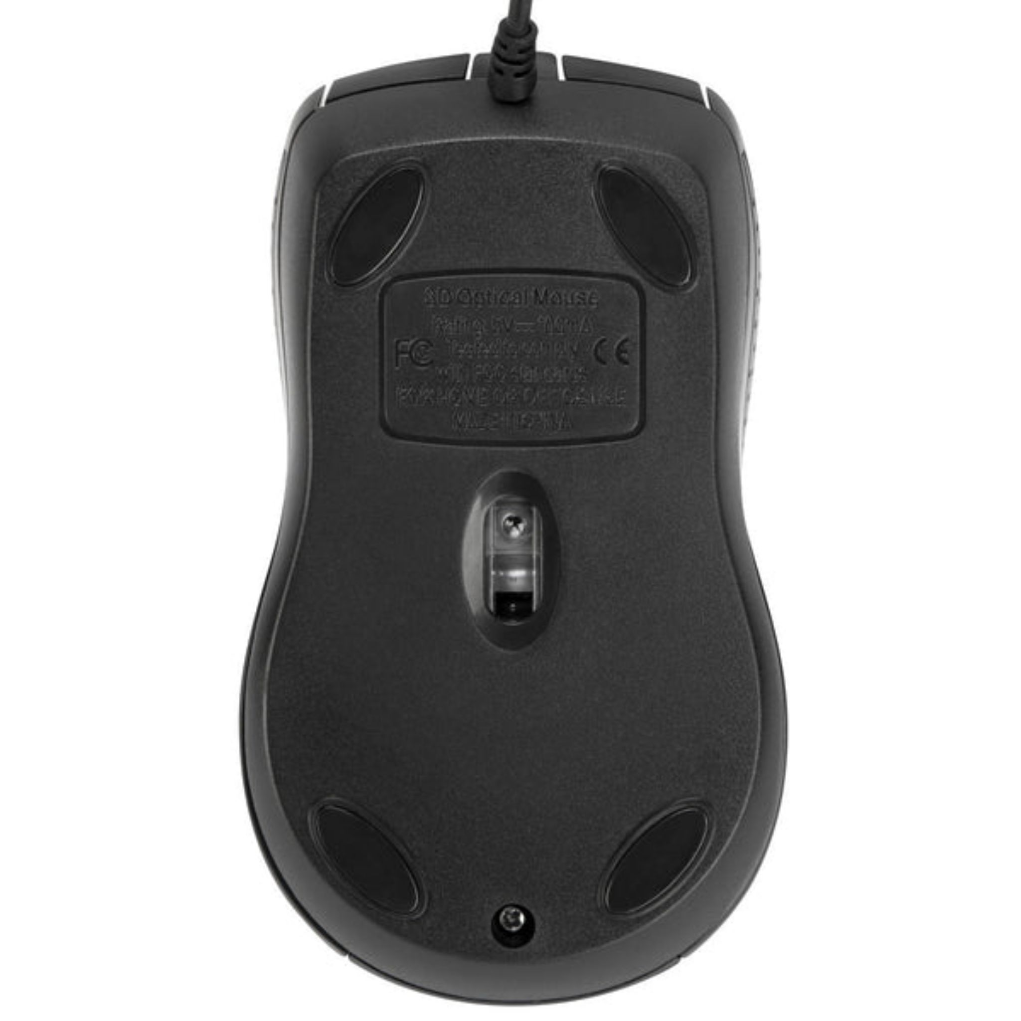 Black computer mouse, bottom view. Shows the sensors, feet, and model info.