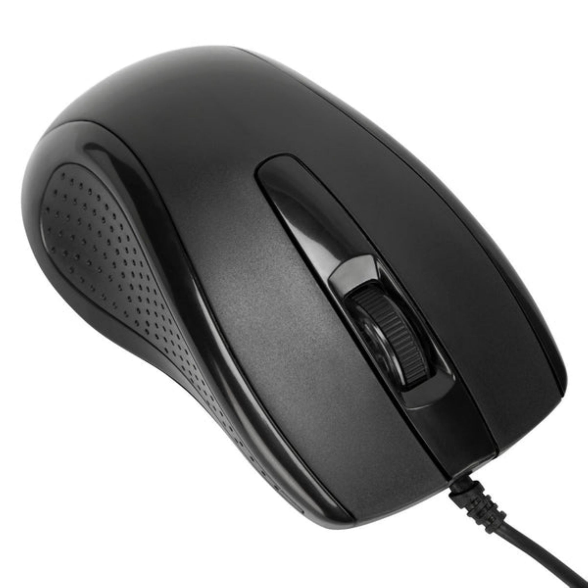 Black computer mouse with a scroll wheel. The mouse is on a white background and has a cable.