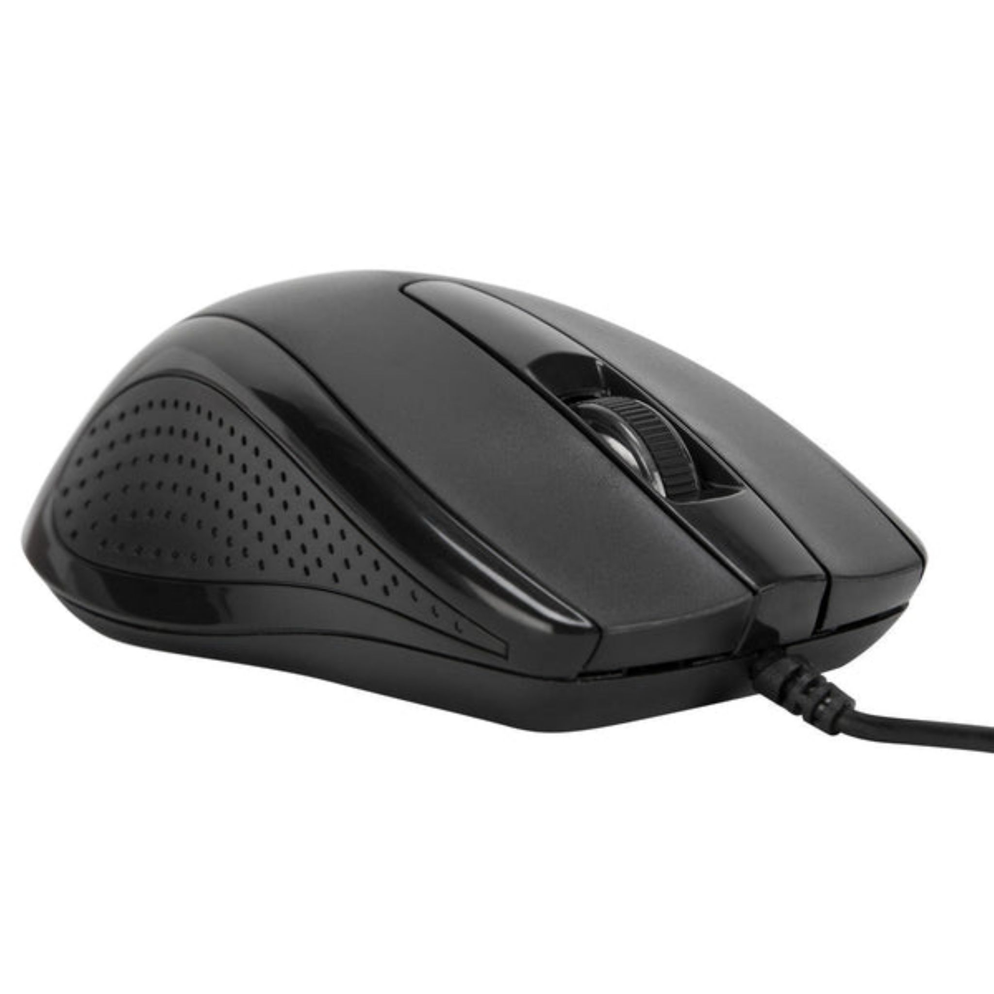 Black computer mouse with a textured surface, scroll wheel, and a connecting cable. White background.