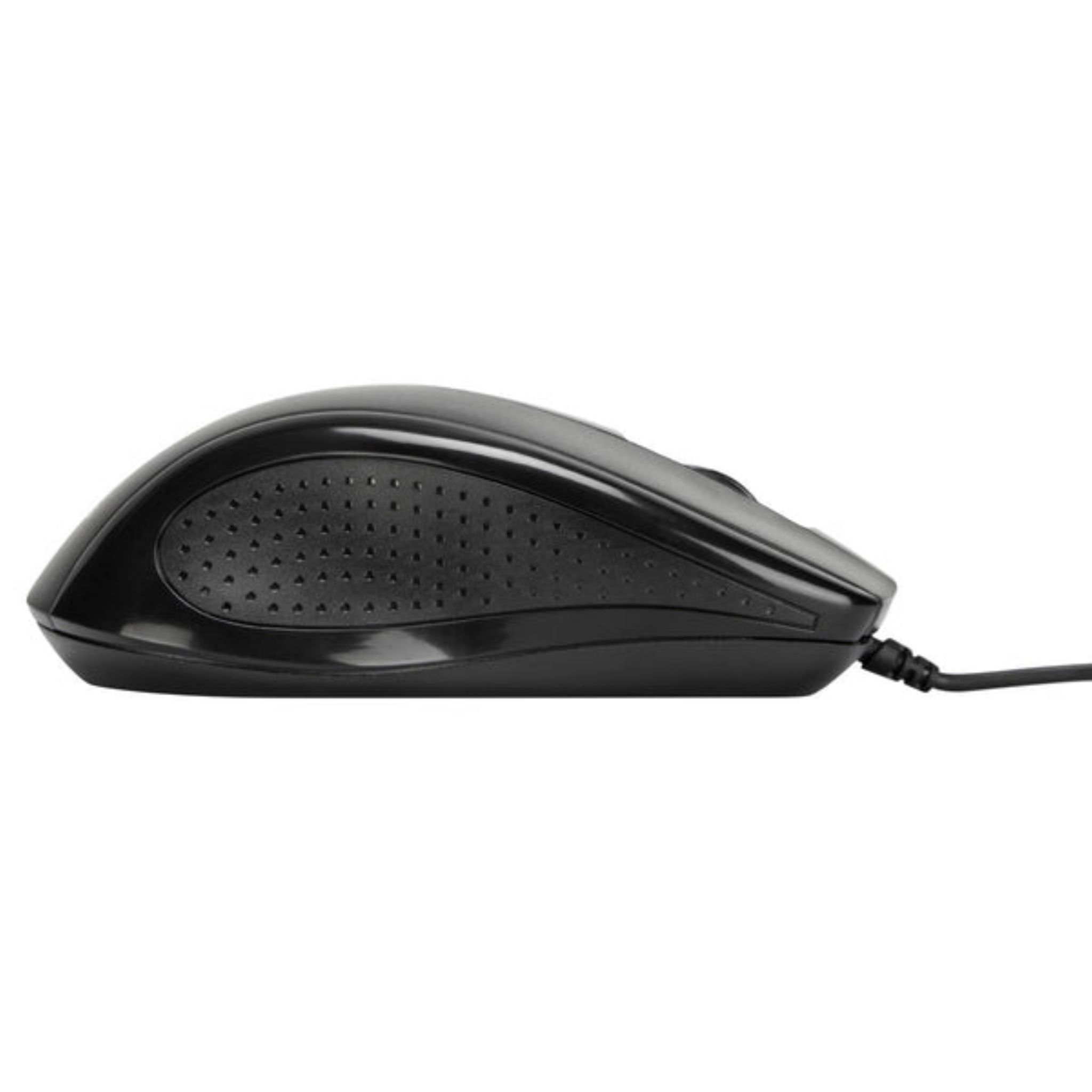 Black computer mouse with a textured side panel and a cord extending to the right.