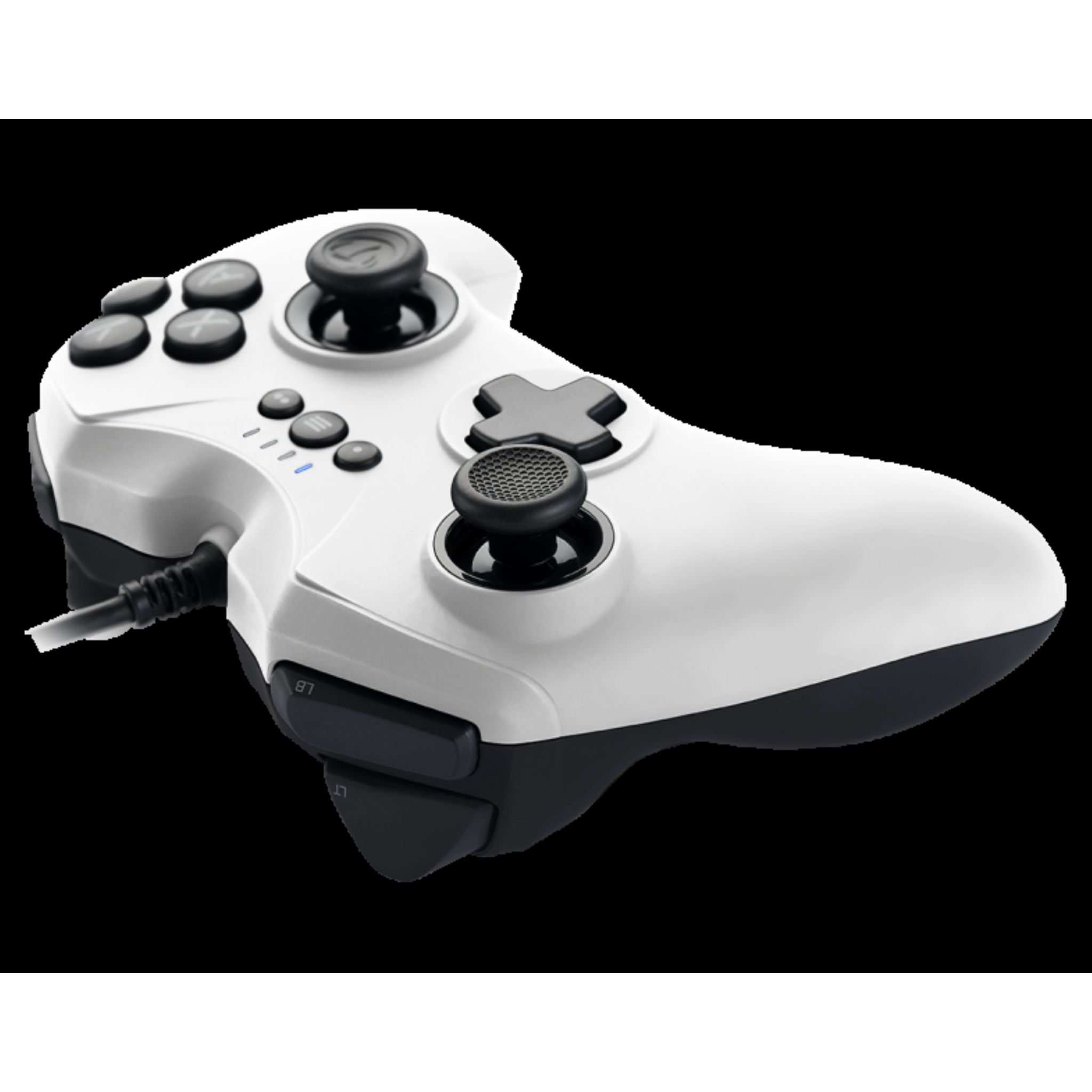 Biało-czarny gamepad z wieloma przyciskami i joystickami, na czarnym tle.