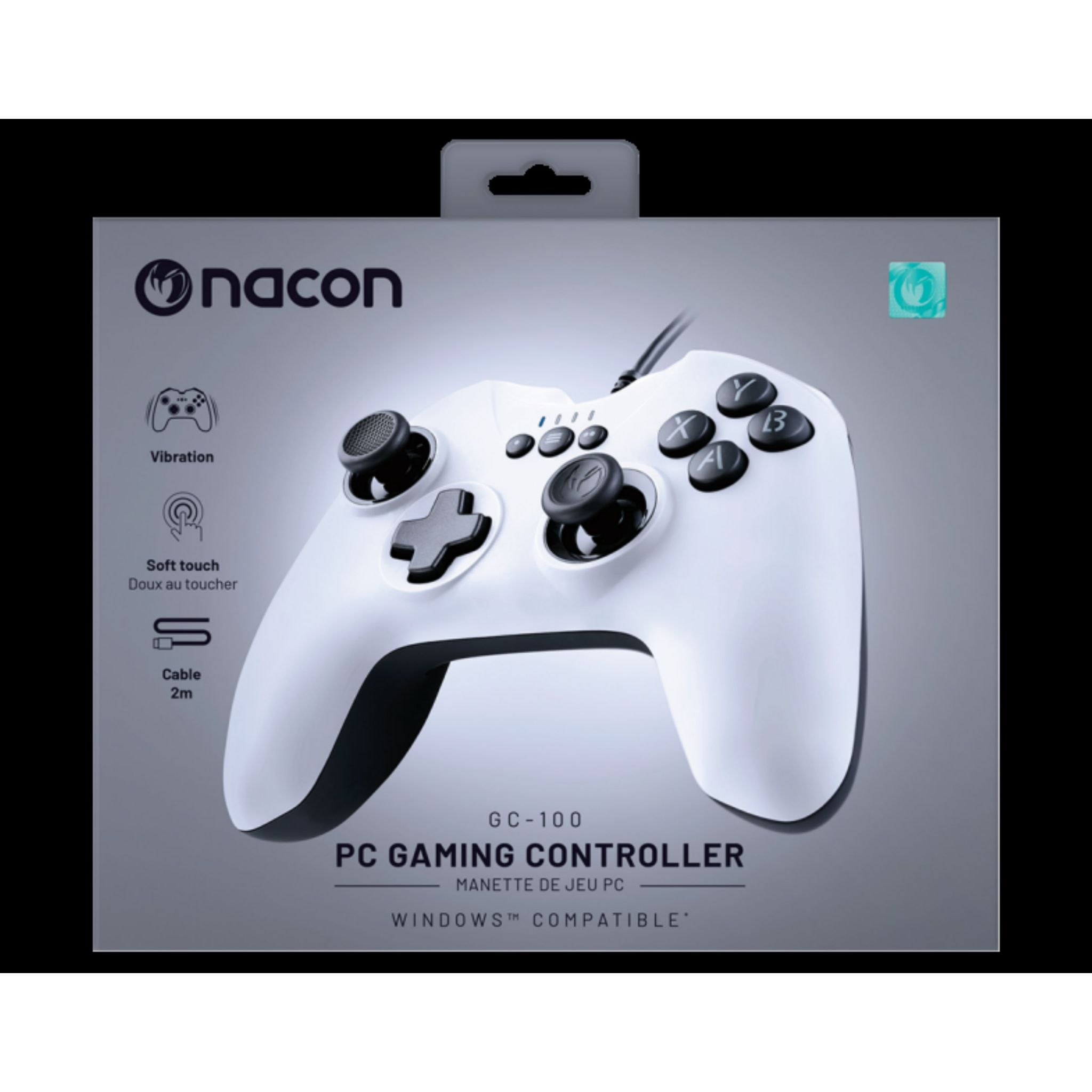 Biały kontroler do gier PC w pudełku. Pokazuje kontroler, przyciski i tekst.