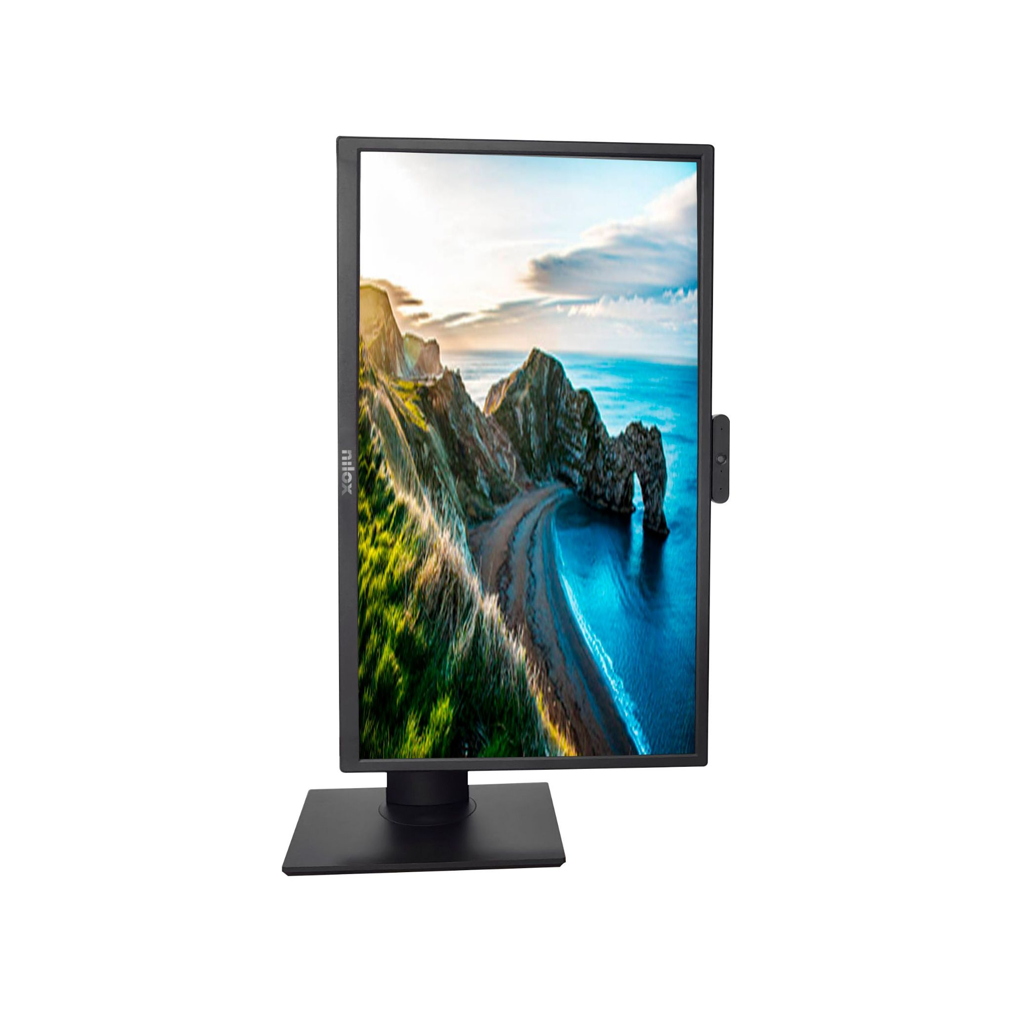 Monitor con vista de una costa. El monitor está en un soporte negro.