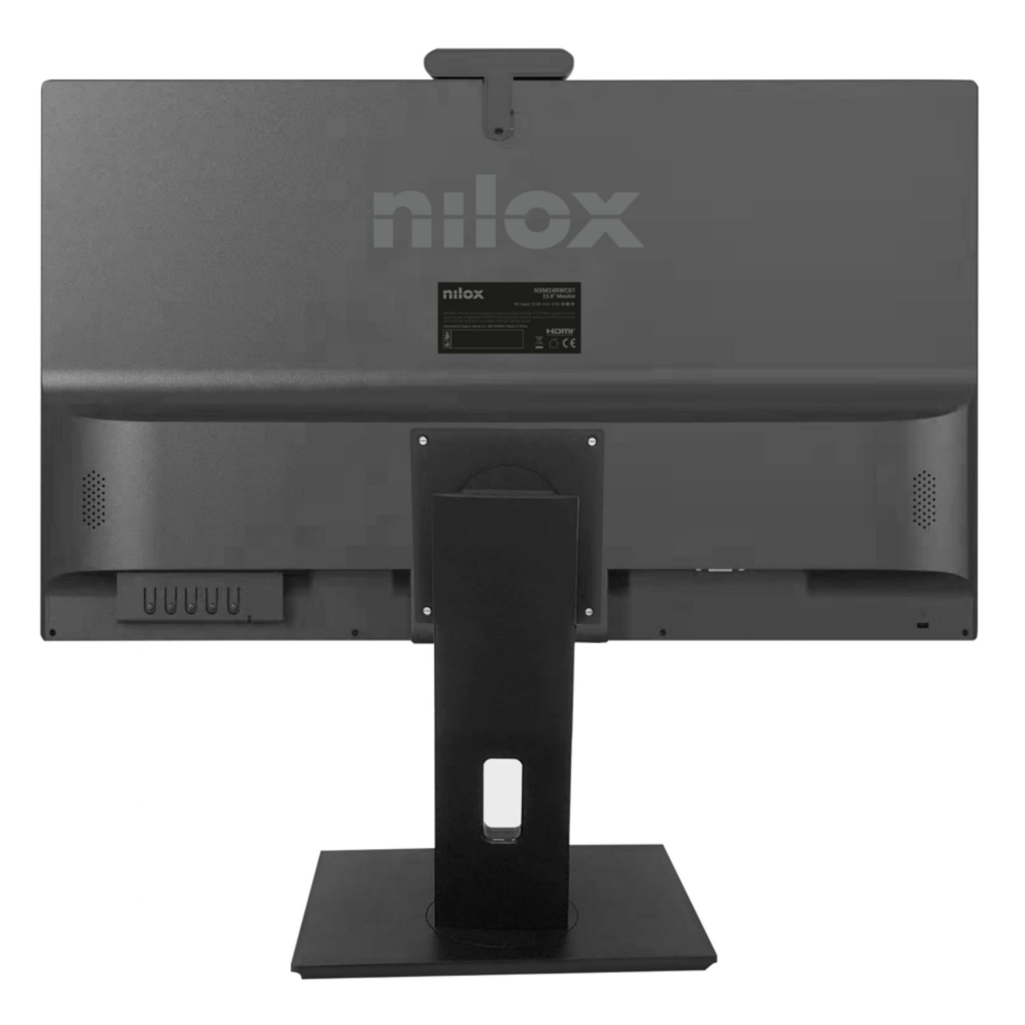 La parte trasera de un monitor Nilox negro. Tiene un soporte y está montado en un escritorio.