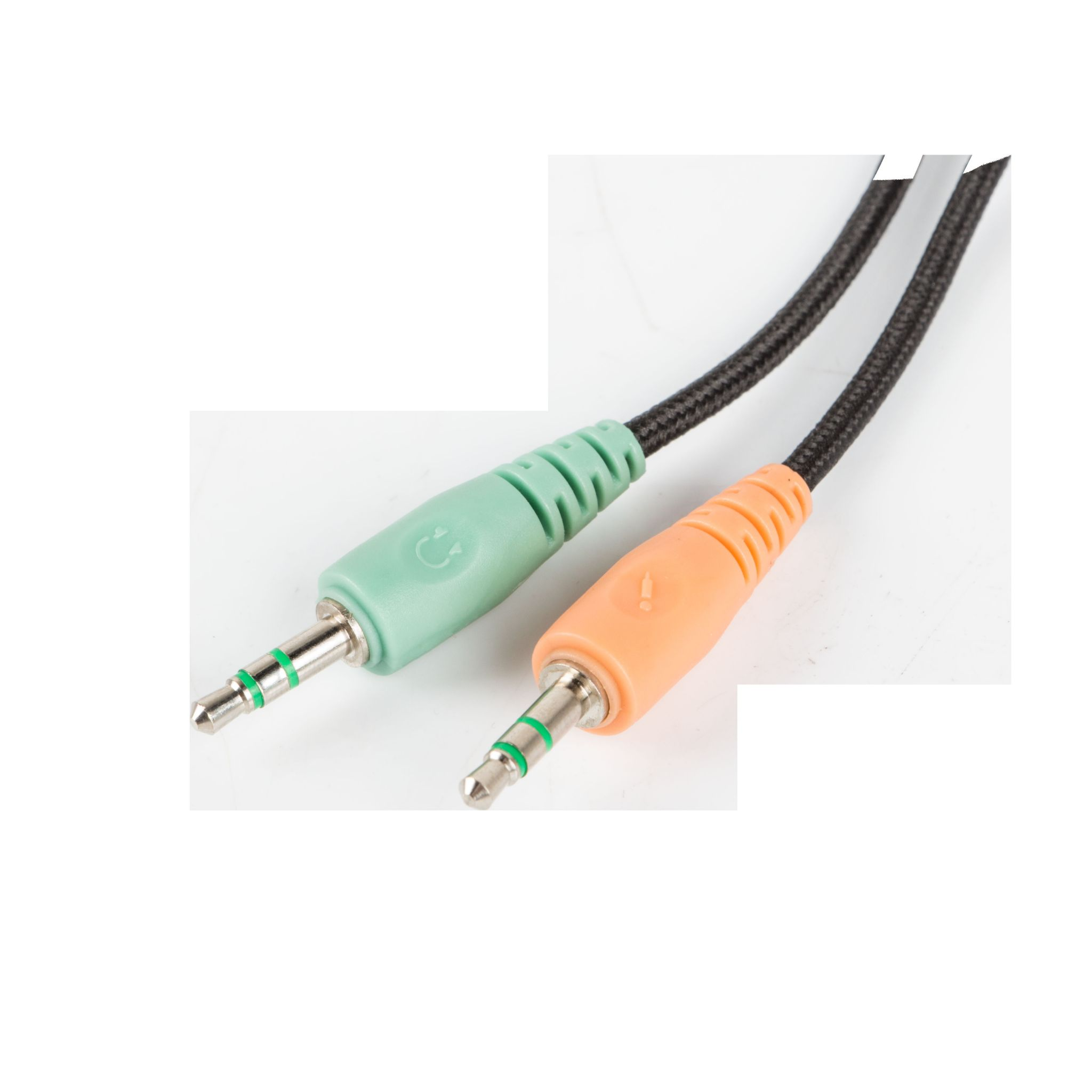 Dwa gniazda audio, jedno zielone i jedno pomarańczowe, połączone czarnym kablem.
