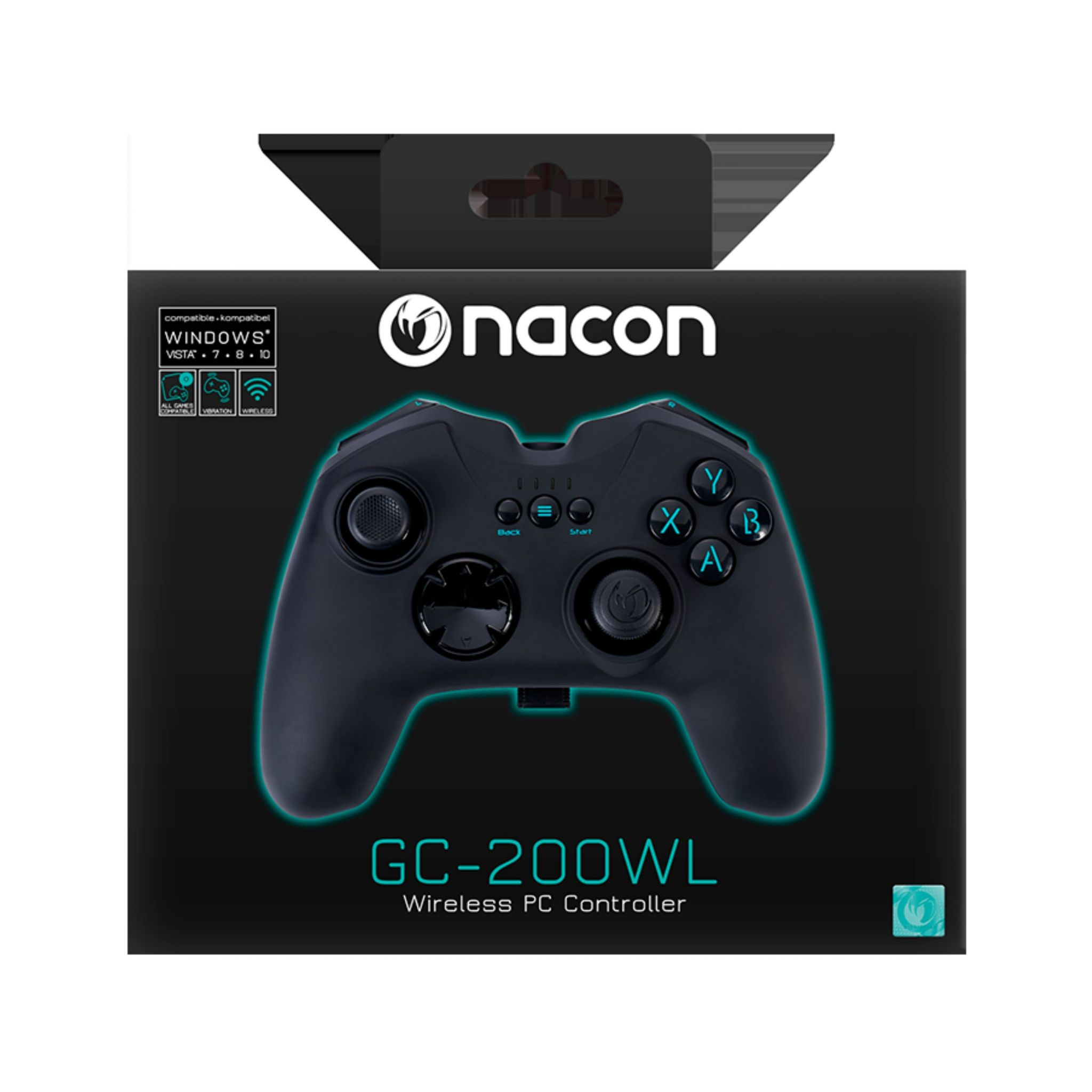 Czarny gamepad w pudełku, z marką Nacon. Model GC-200WL Wireless PC Controller.