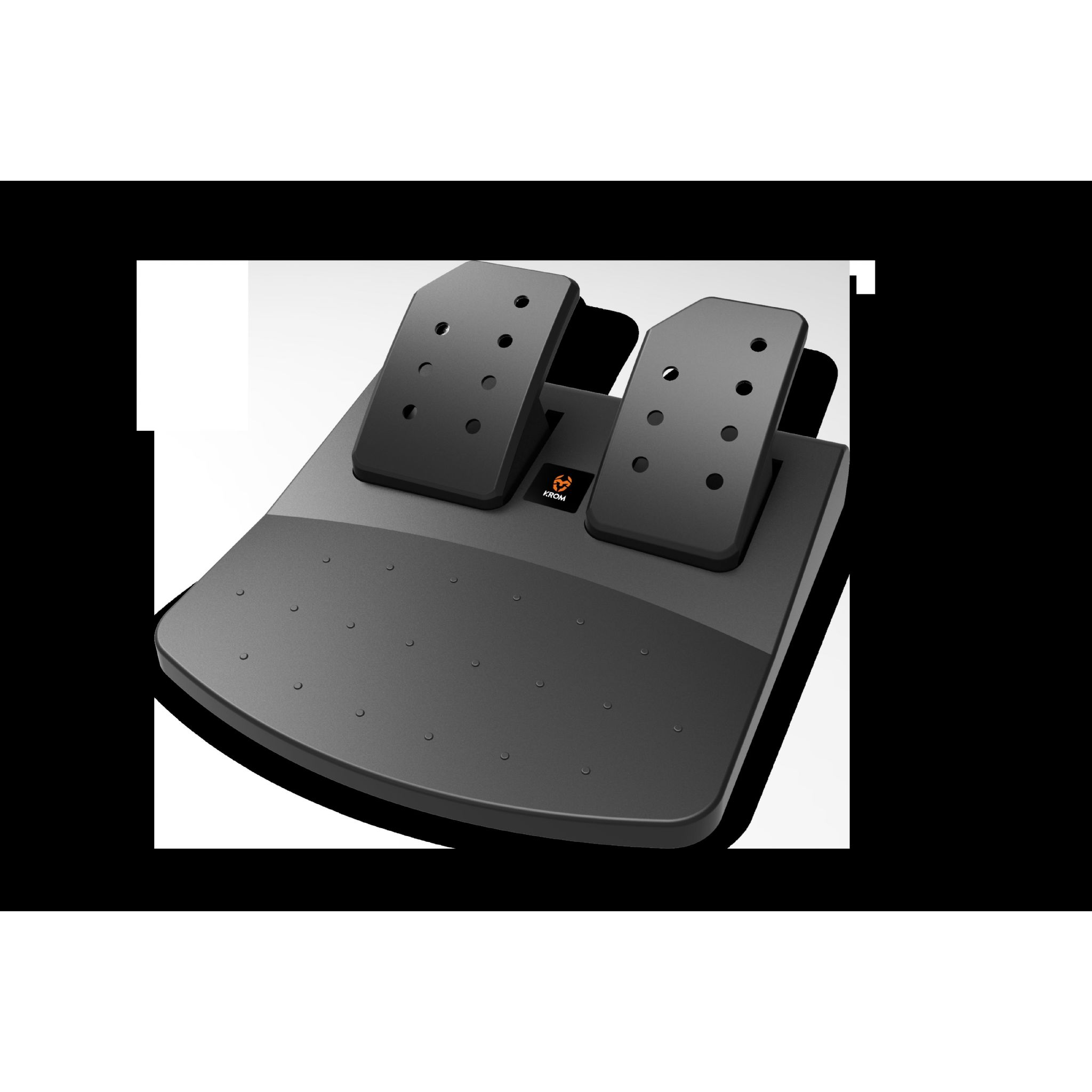 Pedales de carreras negros sobre una base gris, para una configuración de juegos.