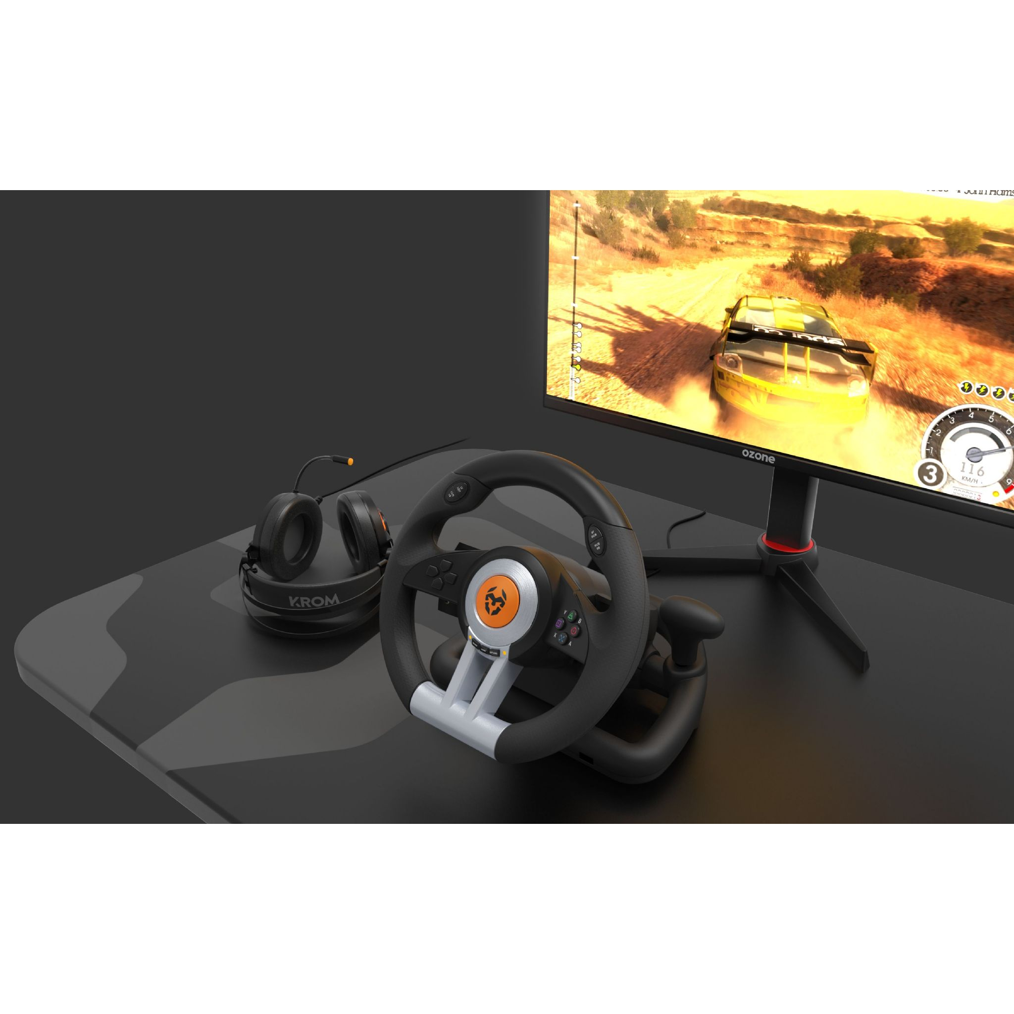 Volante y auriculares de juego en una alfombra camuflada, monitor muestra un juego de carreras.
