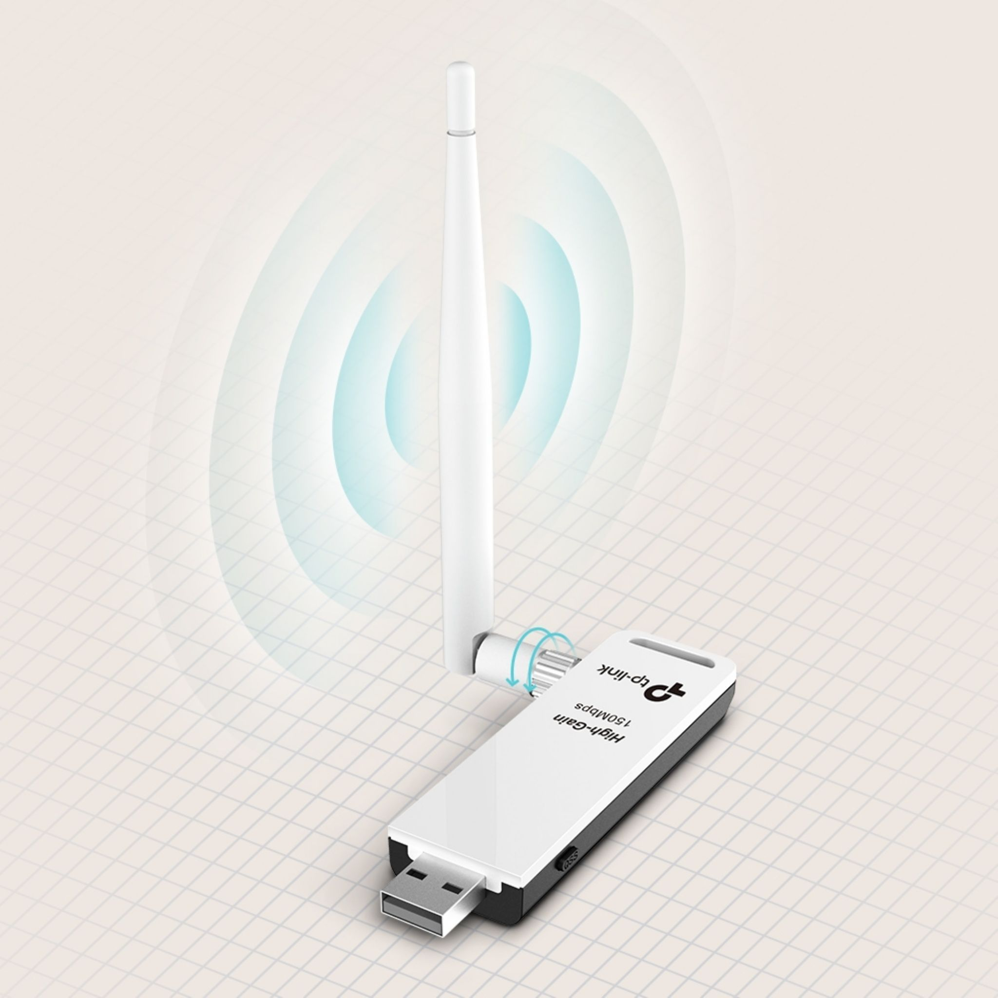 Adaptateur Wi-Fi TP-Link blanc et noir avec antenne, émettant des ondes de signal.
