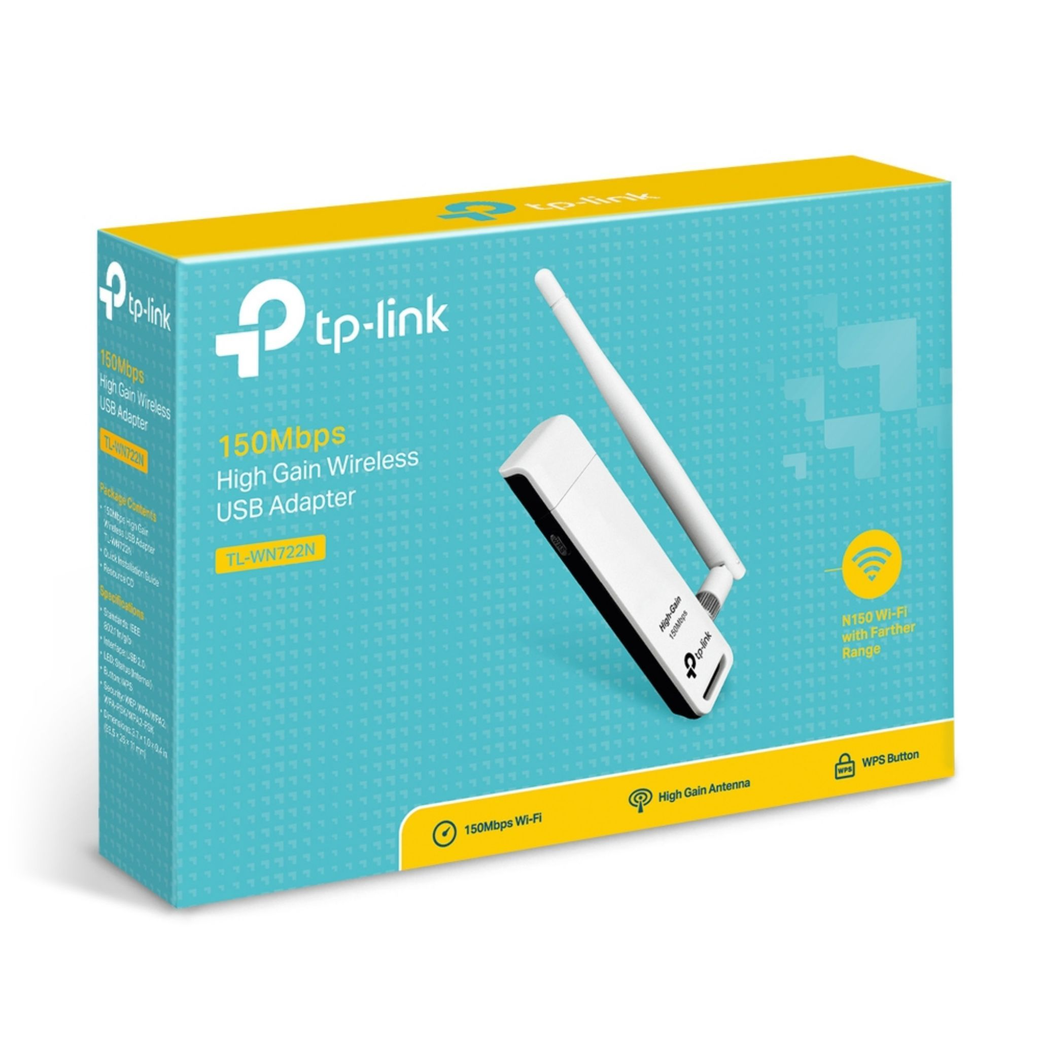 Un adaptateur USB blanc avec une antenne est dans une boîte. Le texte sur la boîte indique 150 Mbps High Gain Wireless USB Adapter.