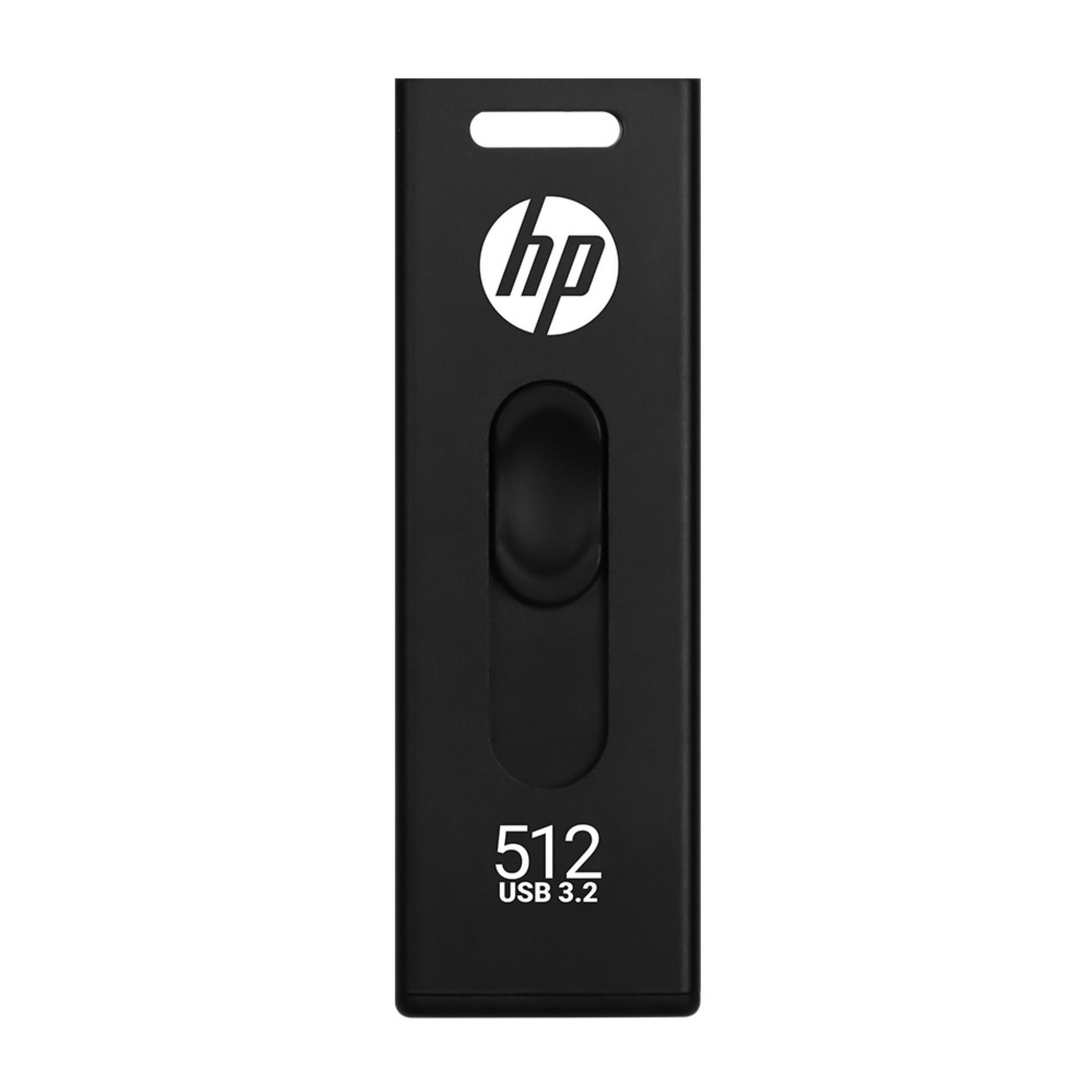 Czarny pendrive HP z białym logo HP i tekstem 512 USB 3.2.