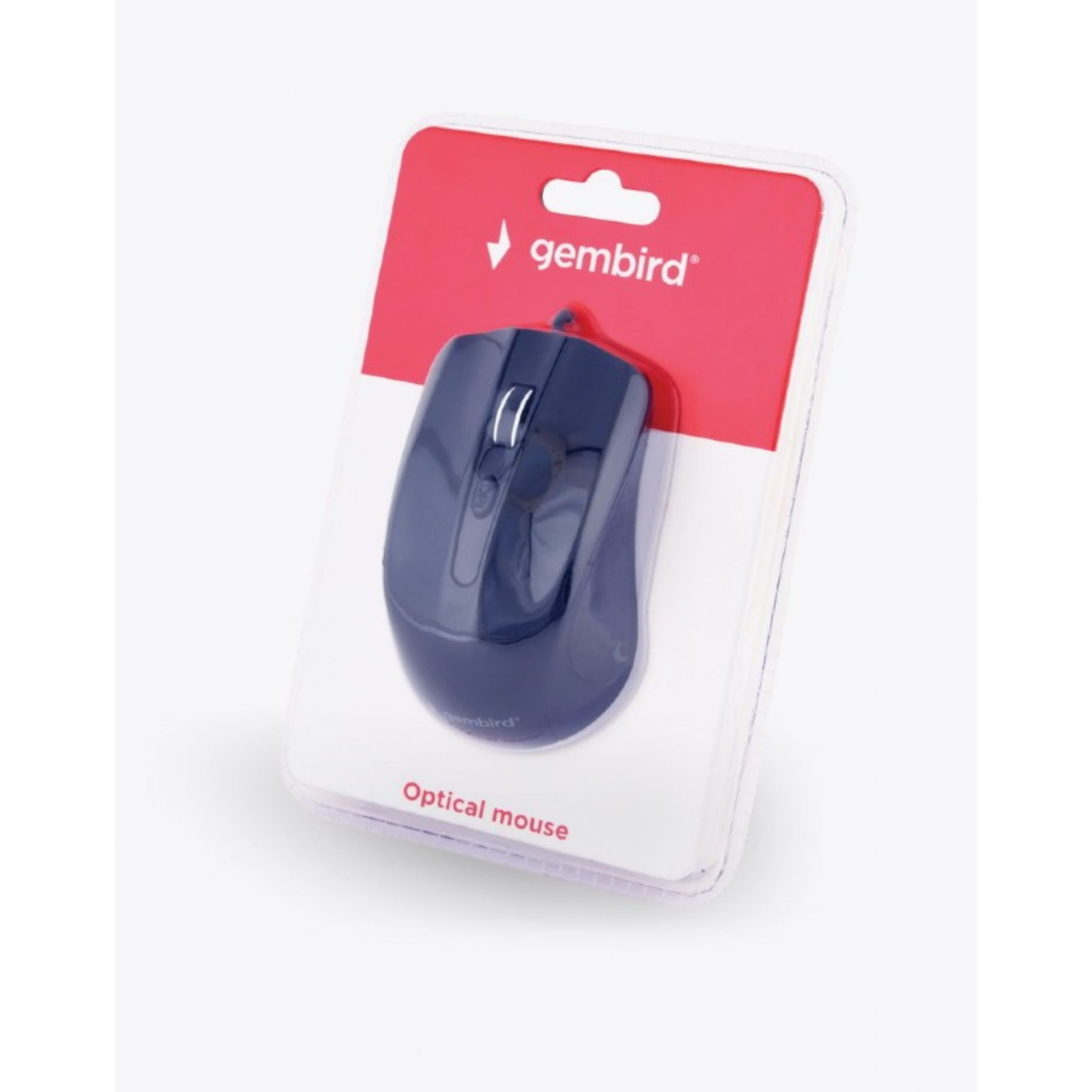 Souris optique bleue dans un emballage plastique. Fond blanc, avec la marque 'gembird'.