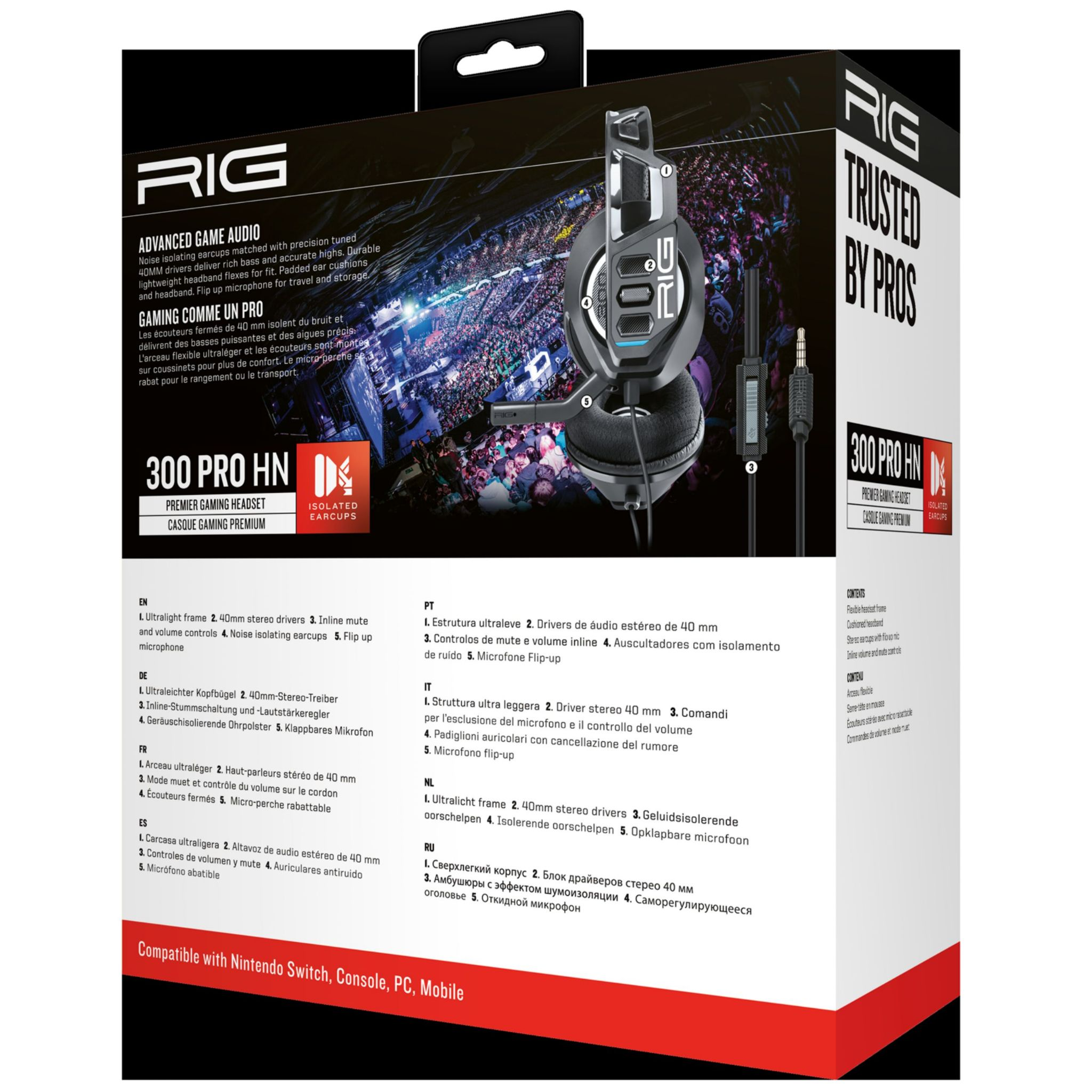 Słuchawki w czarno-szarej kolorystyce. Pudełko z tekstem i obrazami. Białe tło.