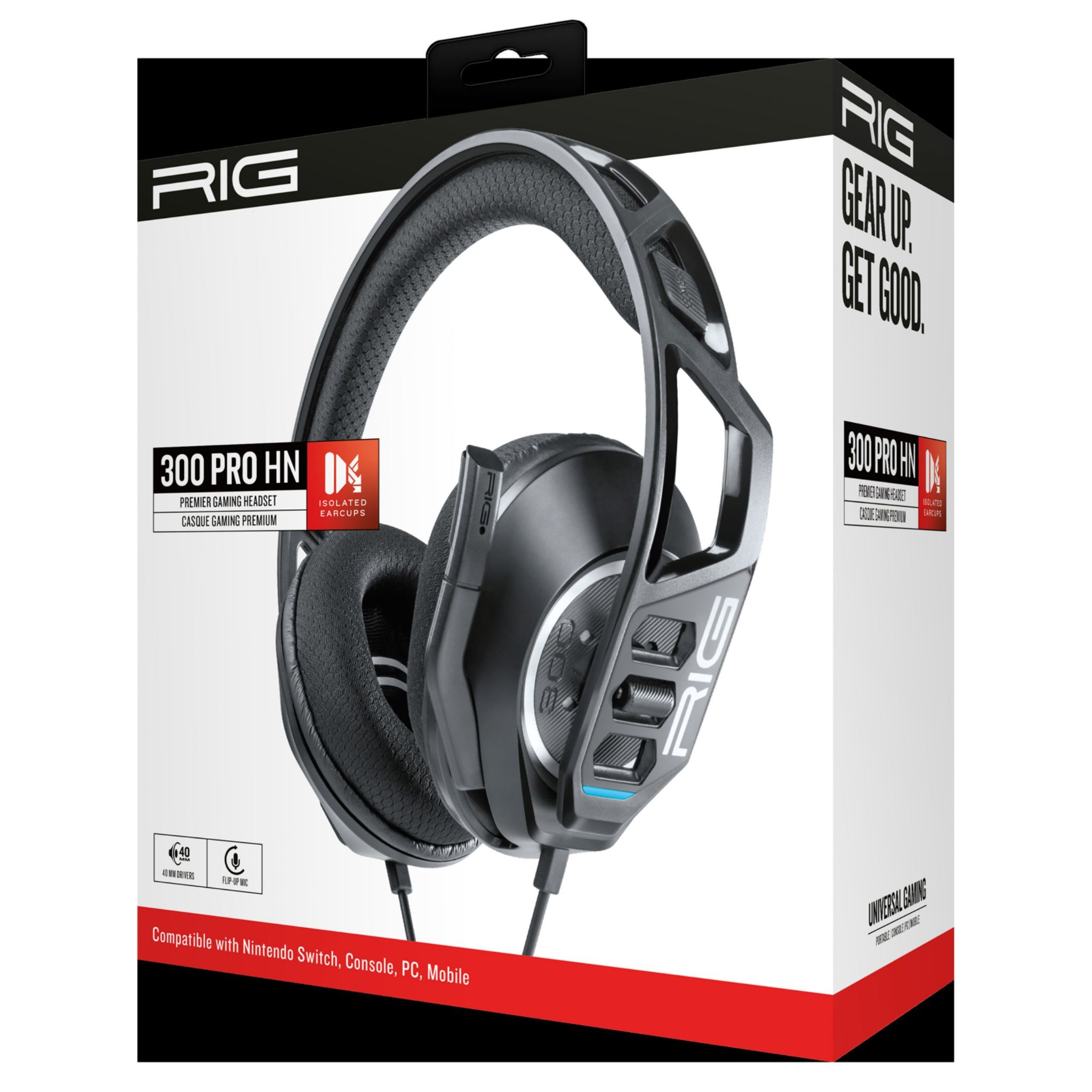 Pudełko z zestawem słuchawkowym z czarnym zestawem słuchawkowym. Tekst: GEAR UP, GET GOOD. 300 PRO HN.