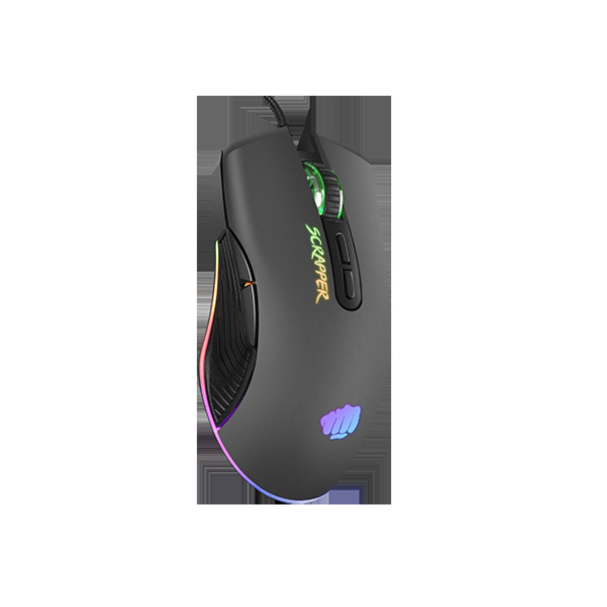 Czarna mysz gamingowa z podświetleniem RGB i napisem "Scrapper".