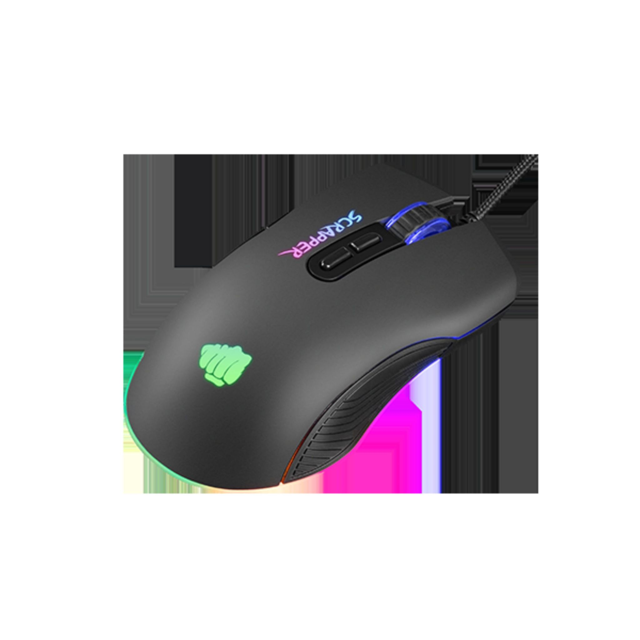 Czarna mysz do gier Scrapper z podświetleniem RGB i logo.