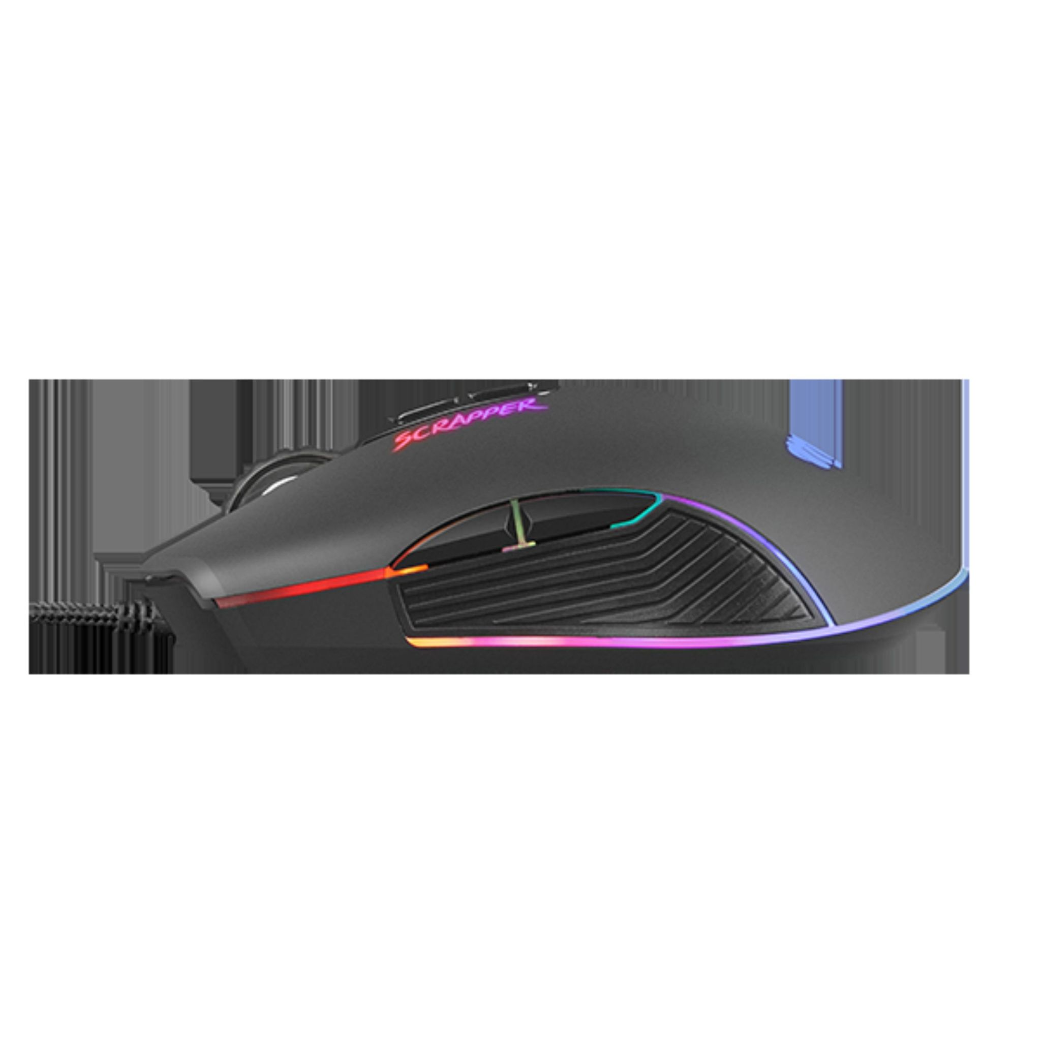 Czarna mysz gamingowa z kolorowym światłem i czerwono-niebieskim wzorem.