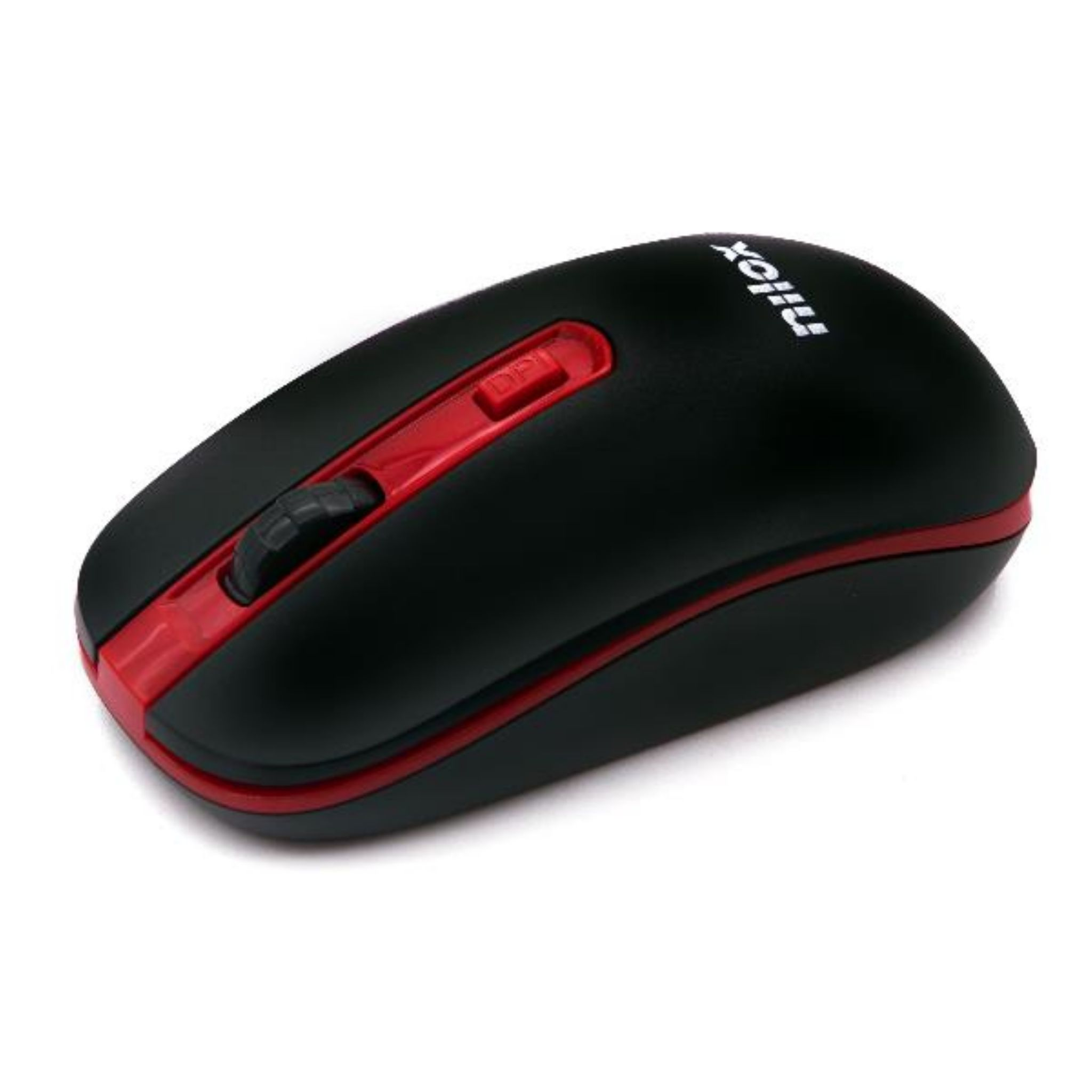 Un mouse nero con dettagli rossi e un pulsante DPI rosso. Il mouse è su una superficie bianca.