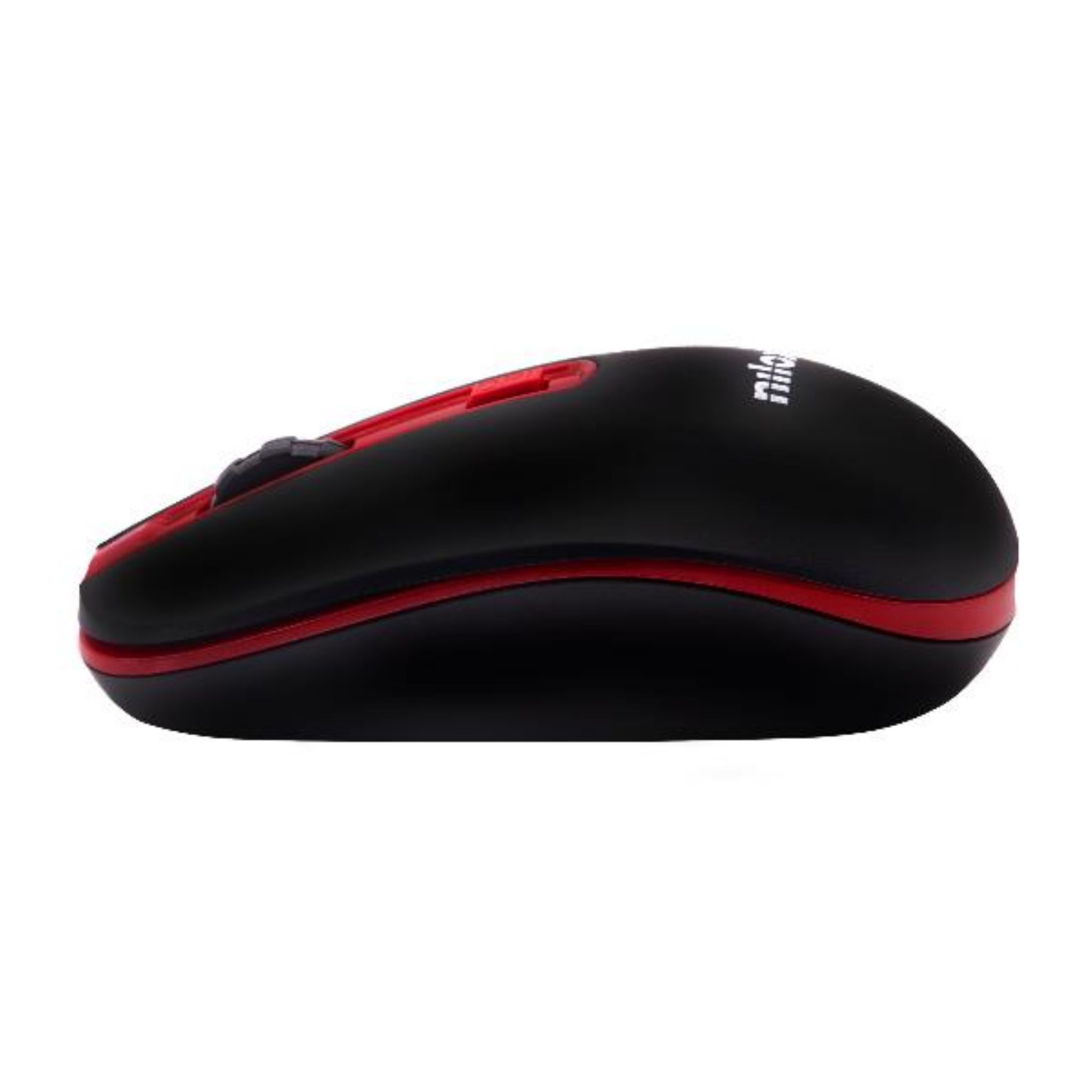 Mouse nero con bordi e rotella rossi. Il marchio 'nik' è visibile.