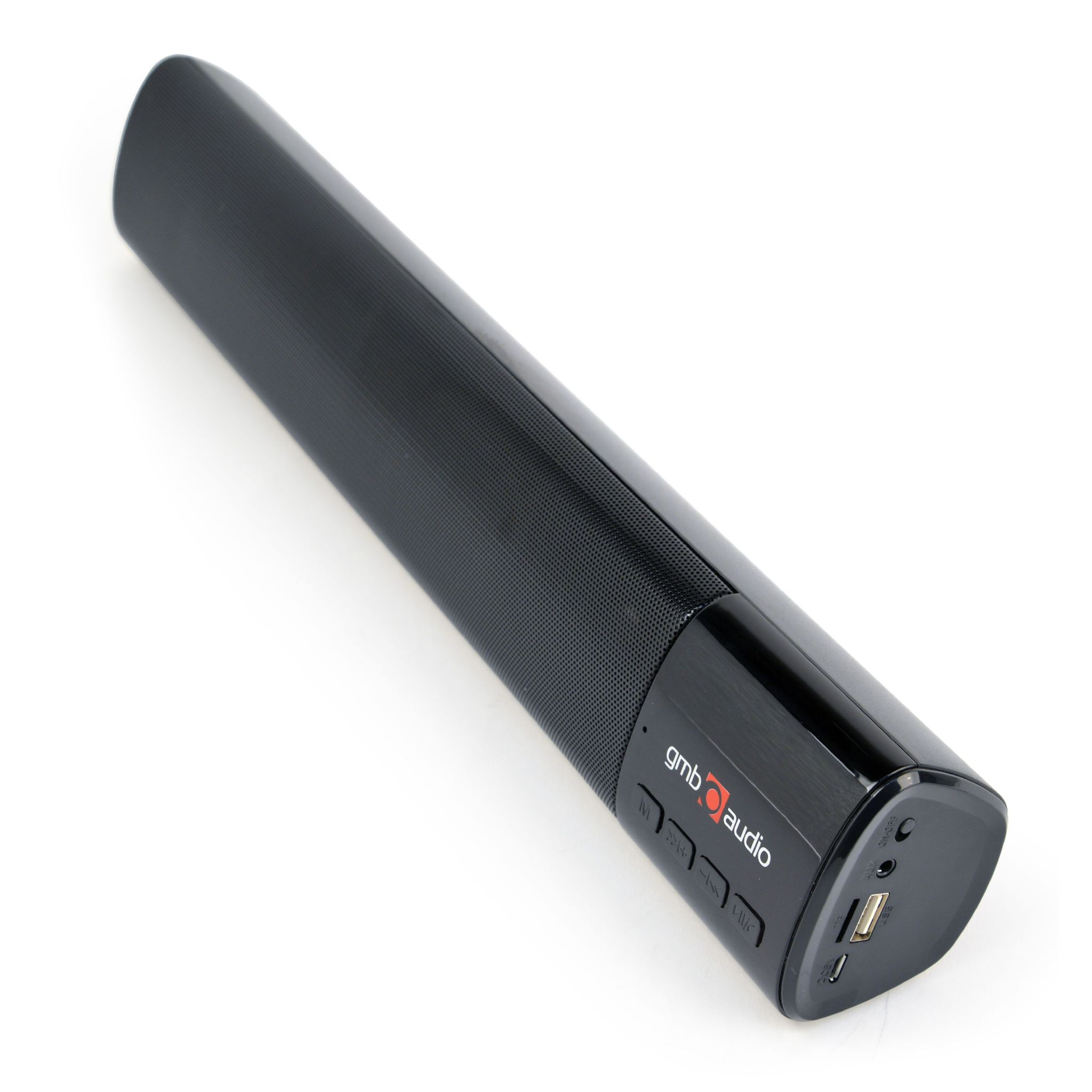 Schwarze GMB Audio Soundbar auf weißem Hintergrund. Die Soundbar hat Bedienelemente und einen USB-Anschluss.