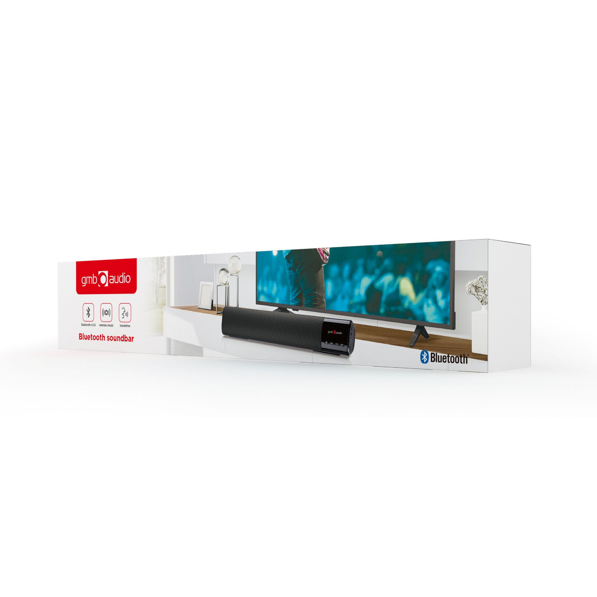 Eine GMB-Audio-Soundbar mit einem Fernsehbildschirm, der ein Live-Sportspiel zeigt.